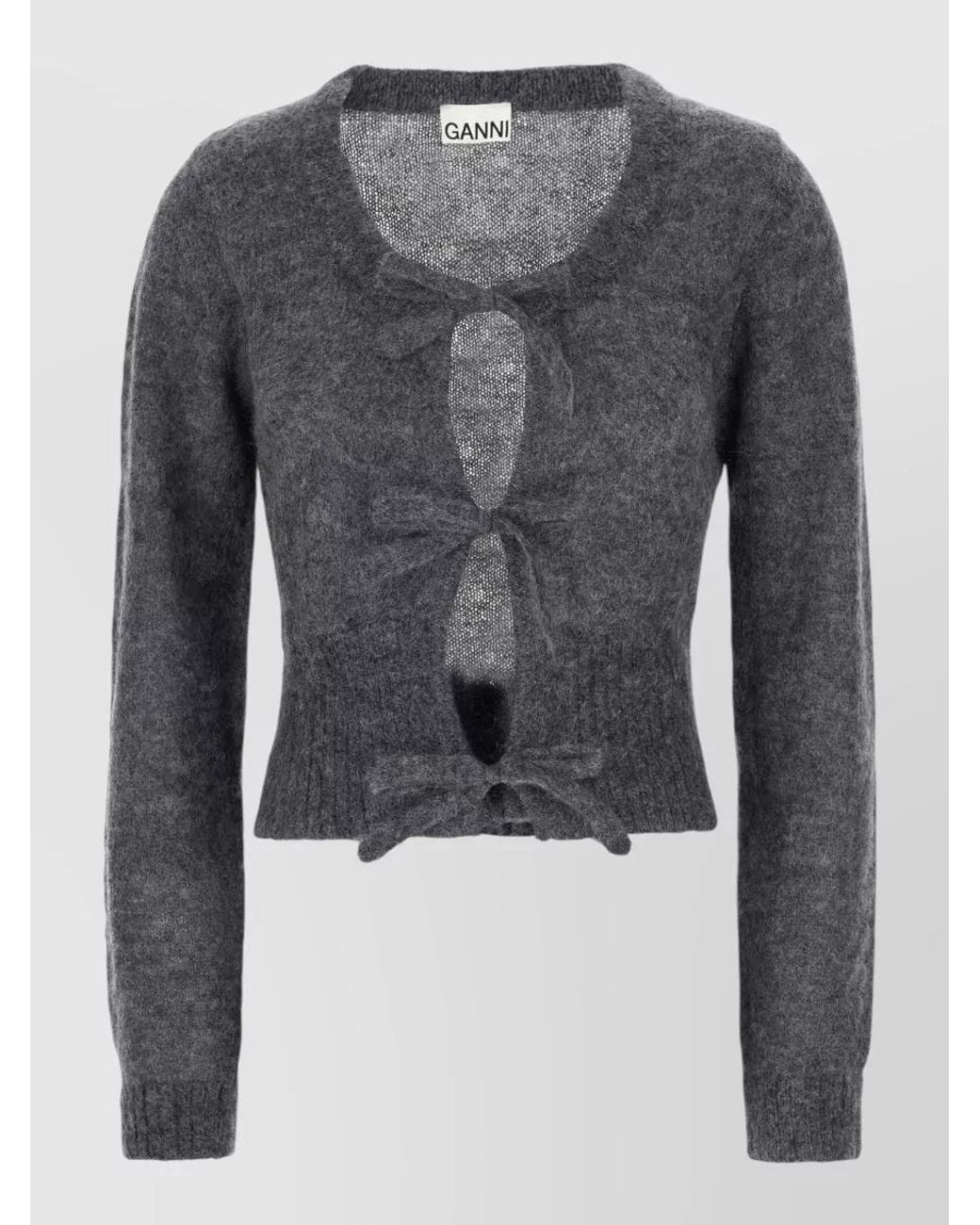 Ganni Gray Mohair Wool Blend Bow-Detail Cardigan