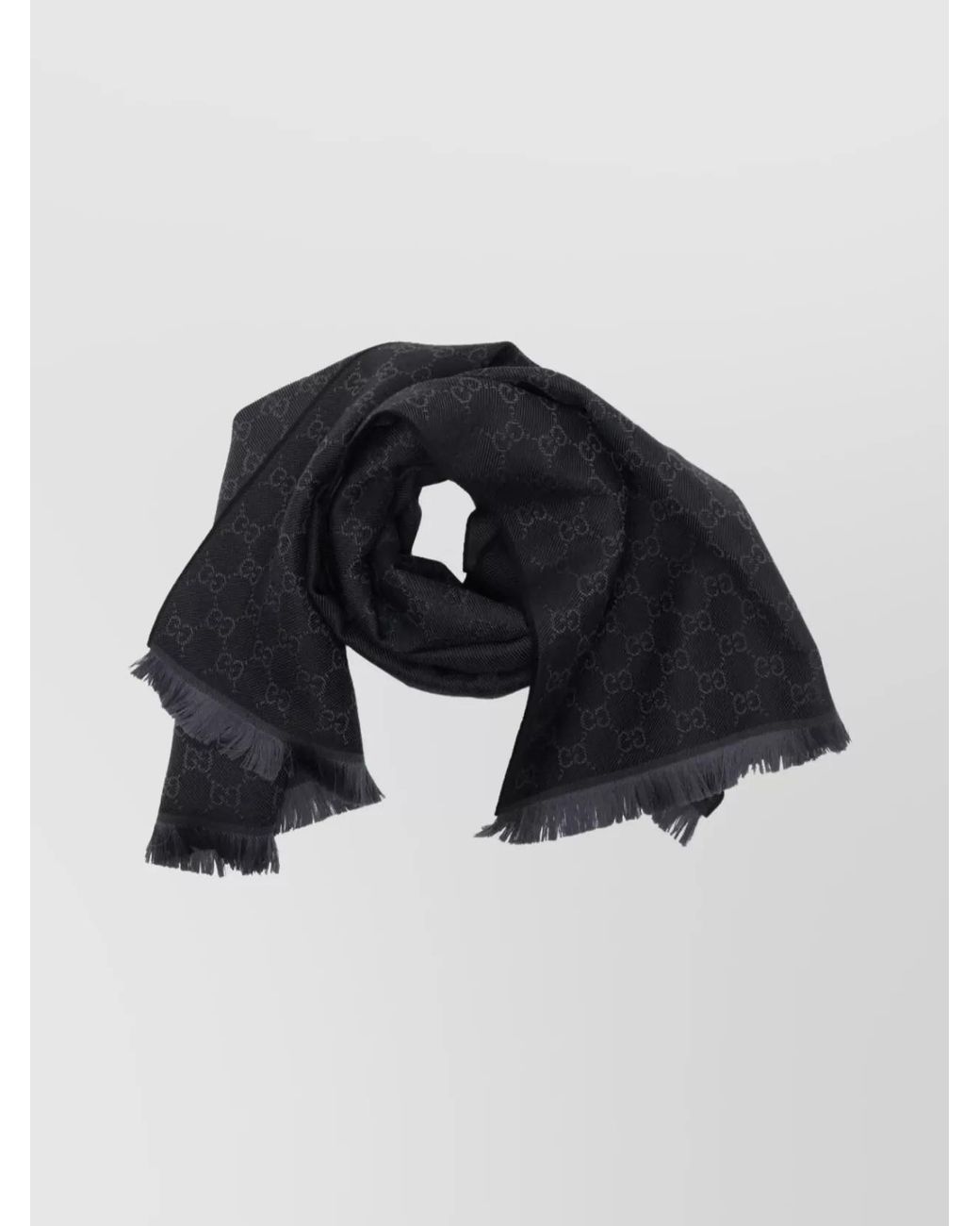 Gucci Black Wool Gg Logo Fringed Scarf