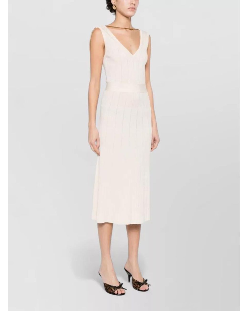 Elisabetta Franchi White Ribbed Knit V-Neck Sleeveless Midi Dress
