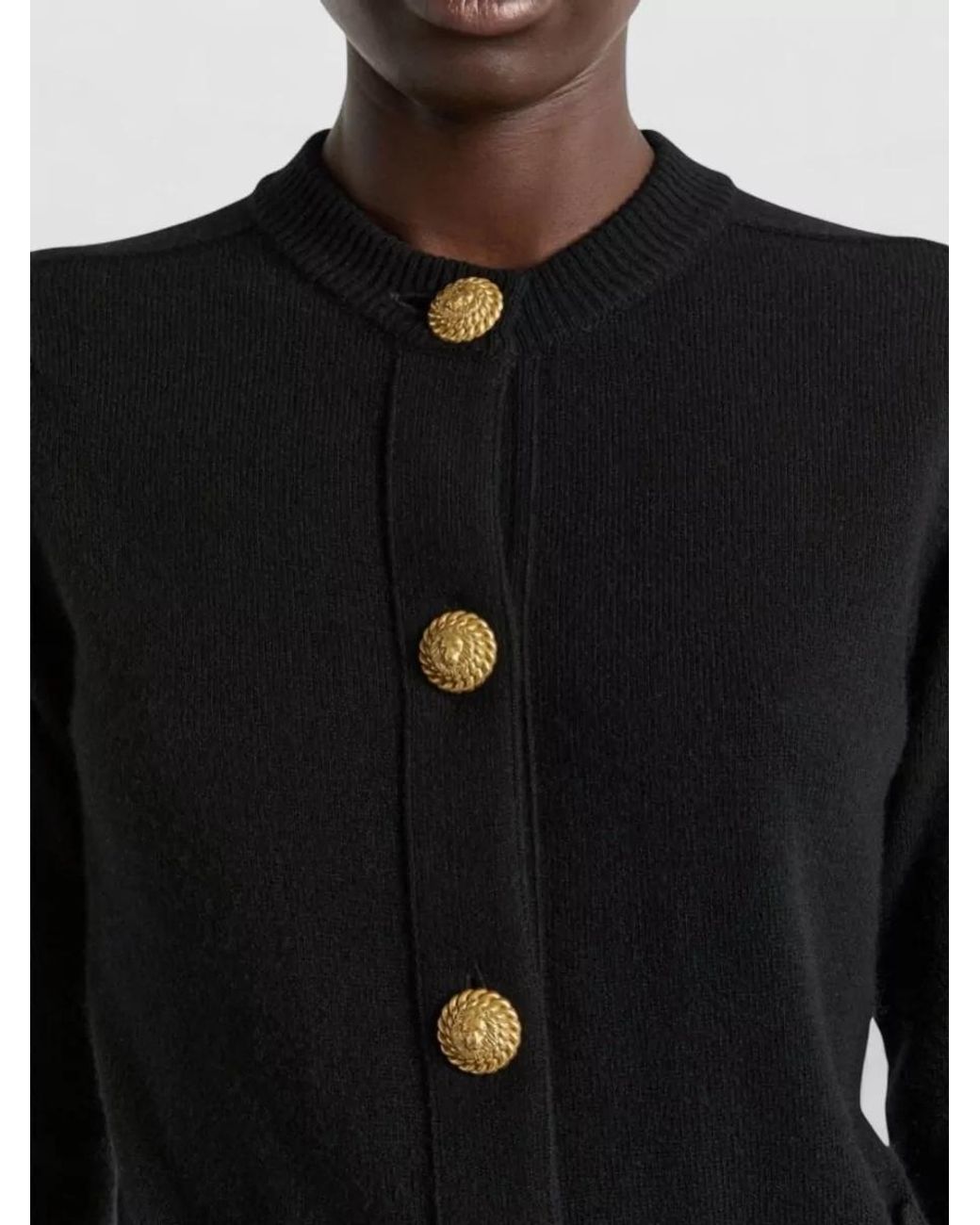 Balmain Black Cashmere Wool Ribbed-Knit Round-Neck Cardigan