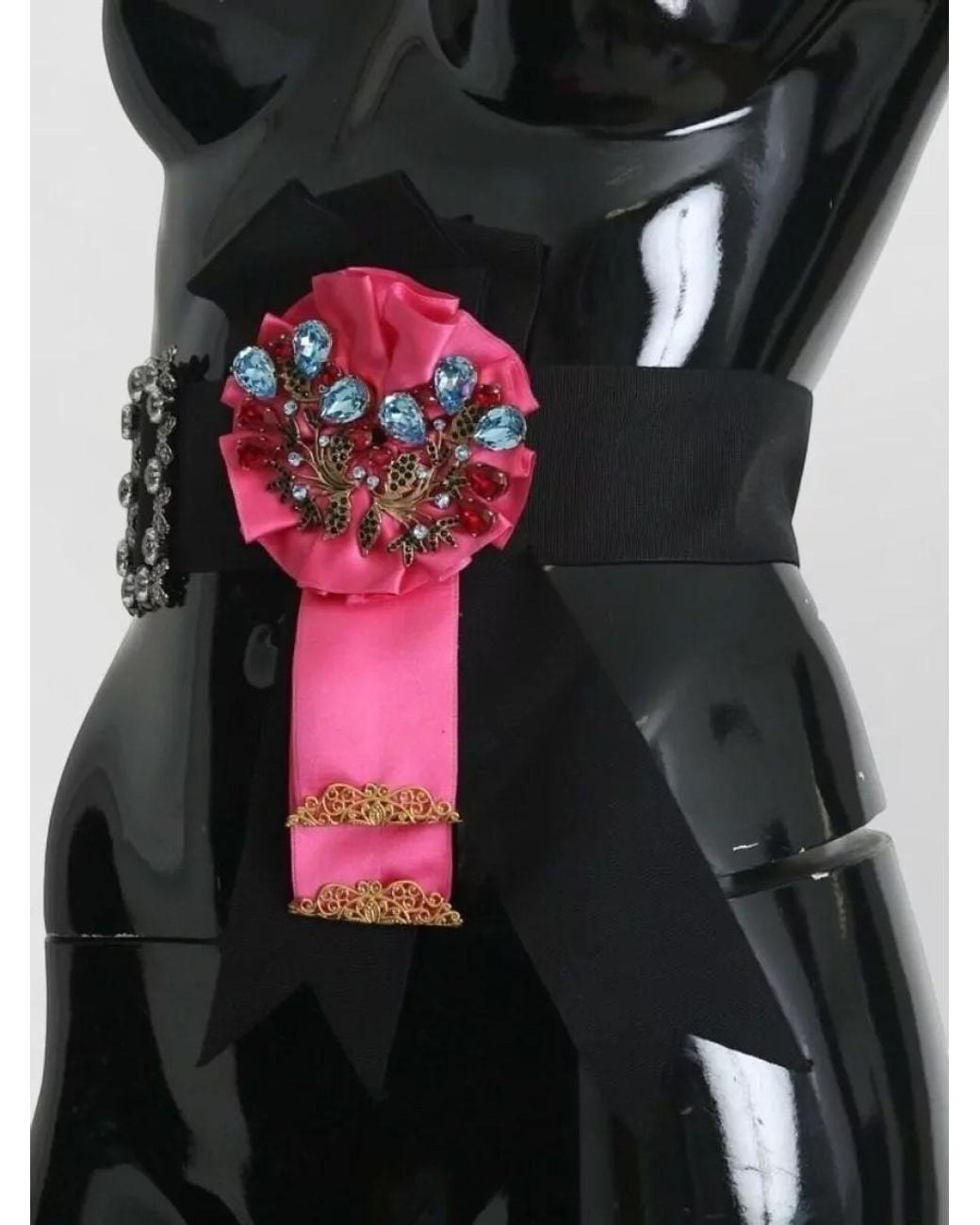 Dolce & Gabbana Black Crystal-Embellished Floral Brooch Belt
