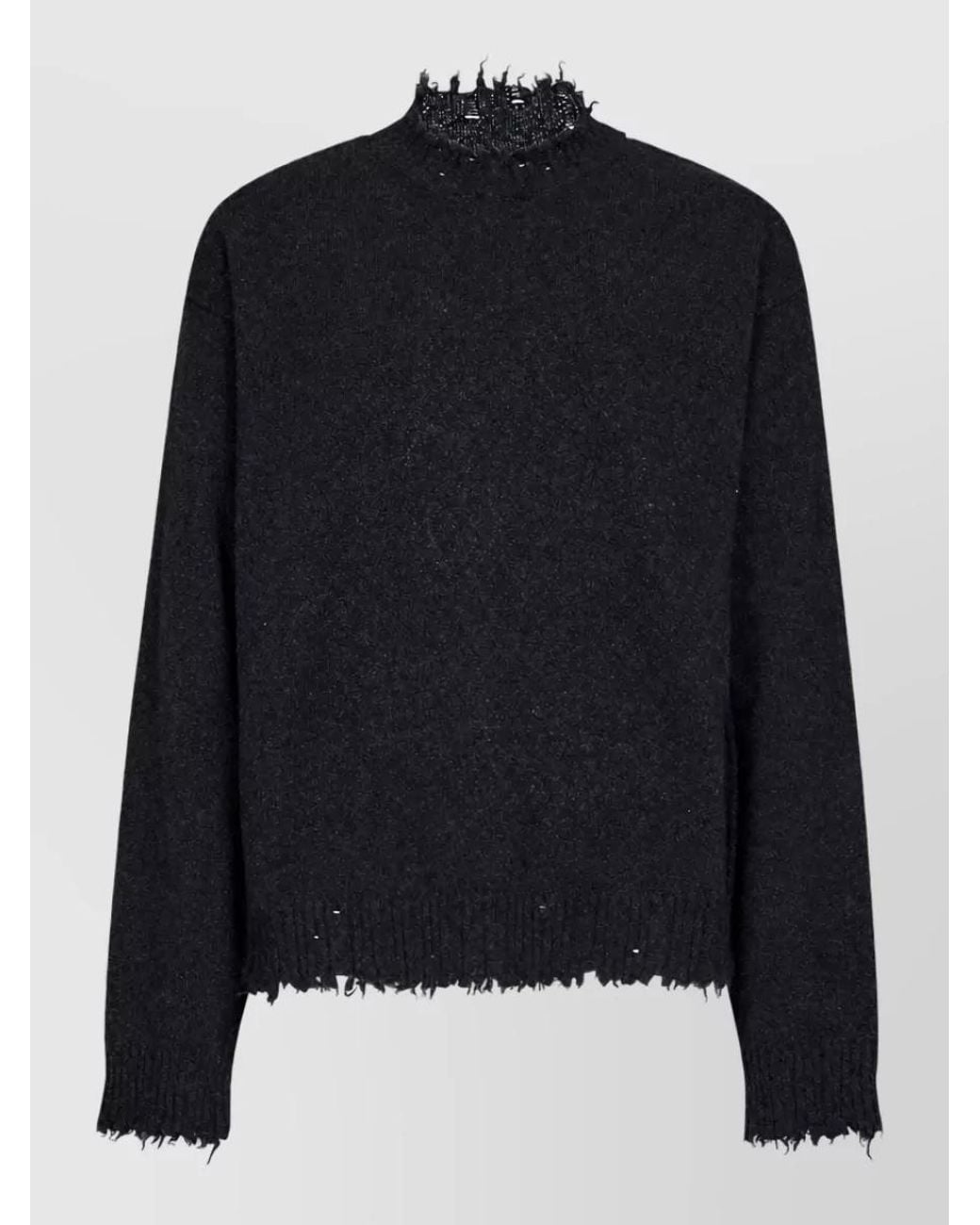 Uma Wang Black Cashmere Distressed Ribbed Crew Neck Long-Sleeve Sweater for men