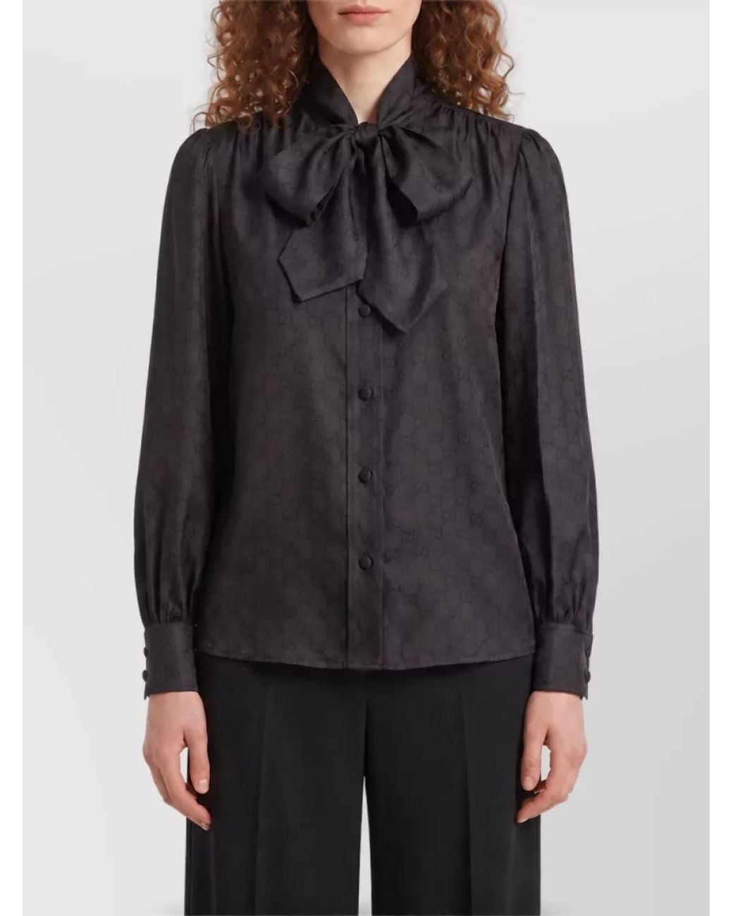 Gucci Gray Silk Printed Bow Blouse