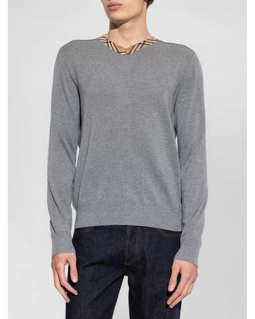 Burberry Gray Wool V-Neck Ribbed Sweater for men