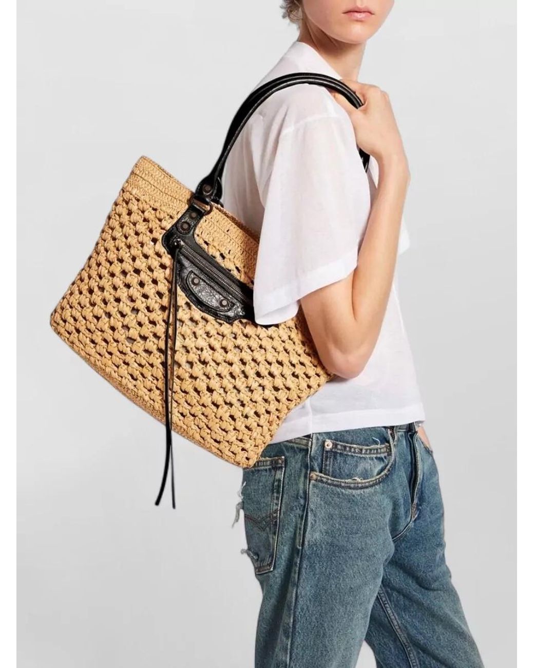 Balenciaga Natural Le City Medium Raffia-Effect Beach Bag