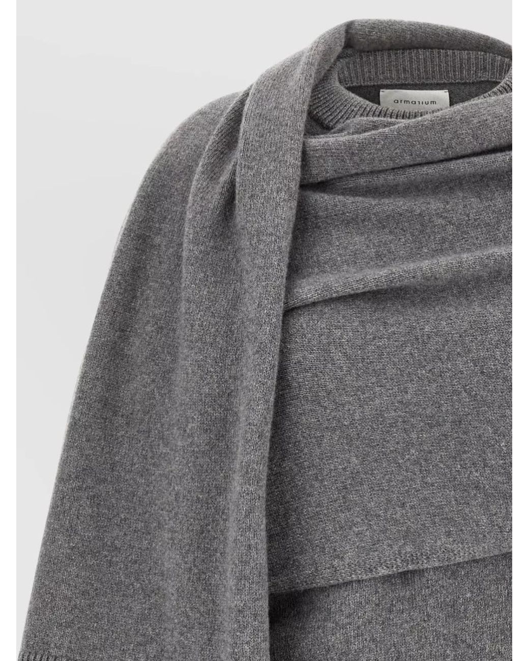 ARMARIUM Gray Cashmere Wool Ribbed Draped Crew Neck Sweater
