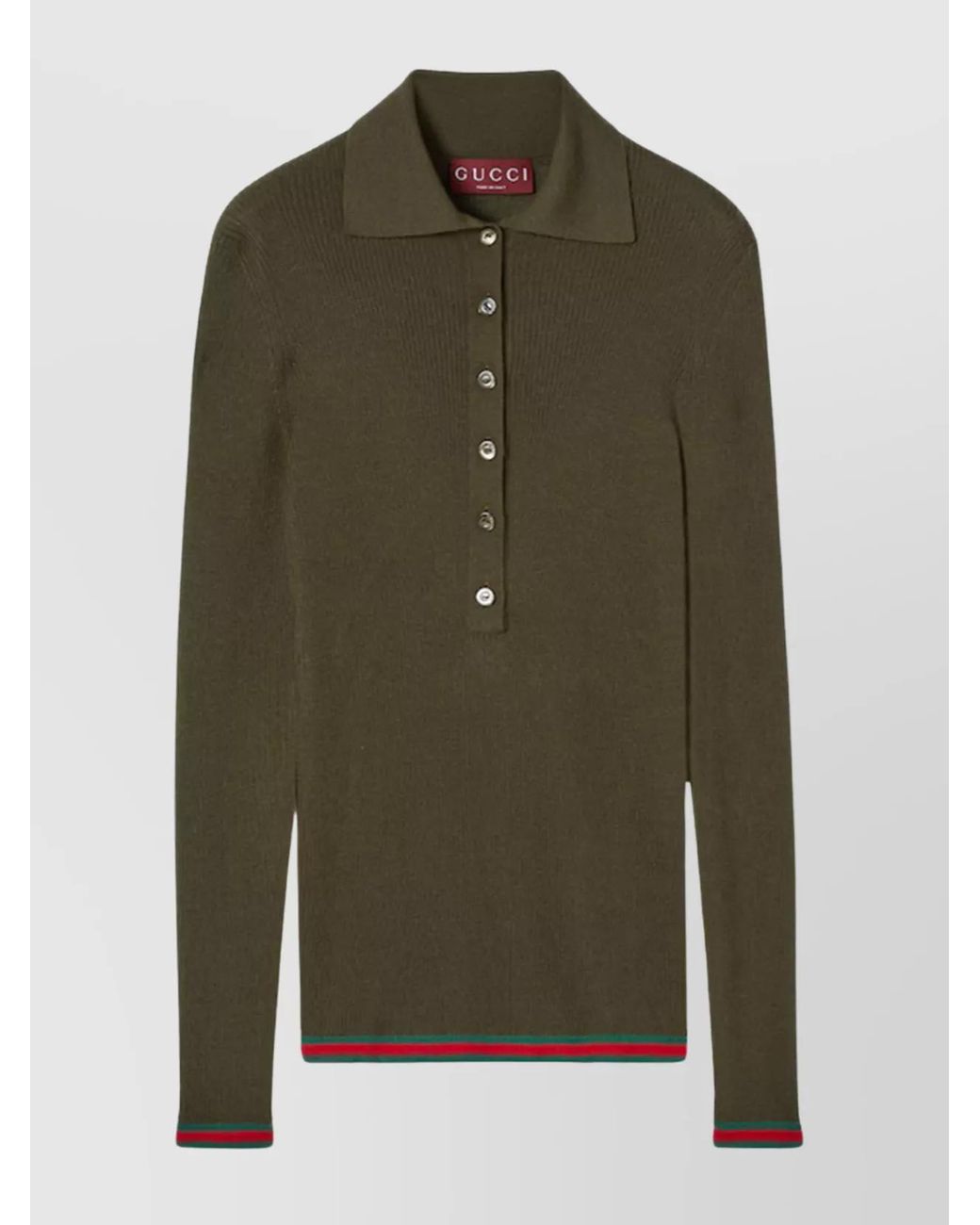 Gucci Green Cashmere Silk Ribbed Long-Sleeve Polo Top