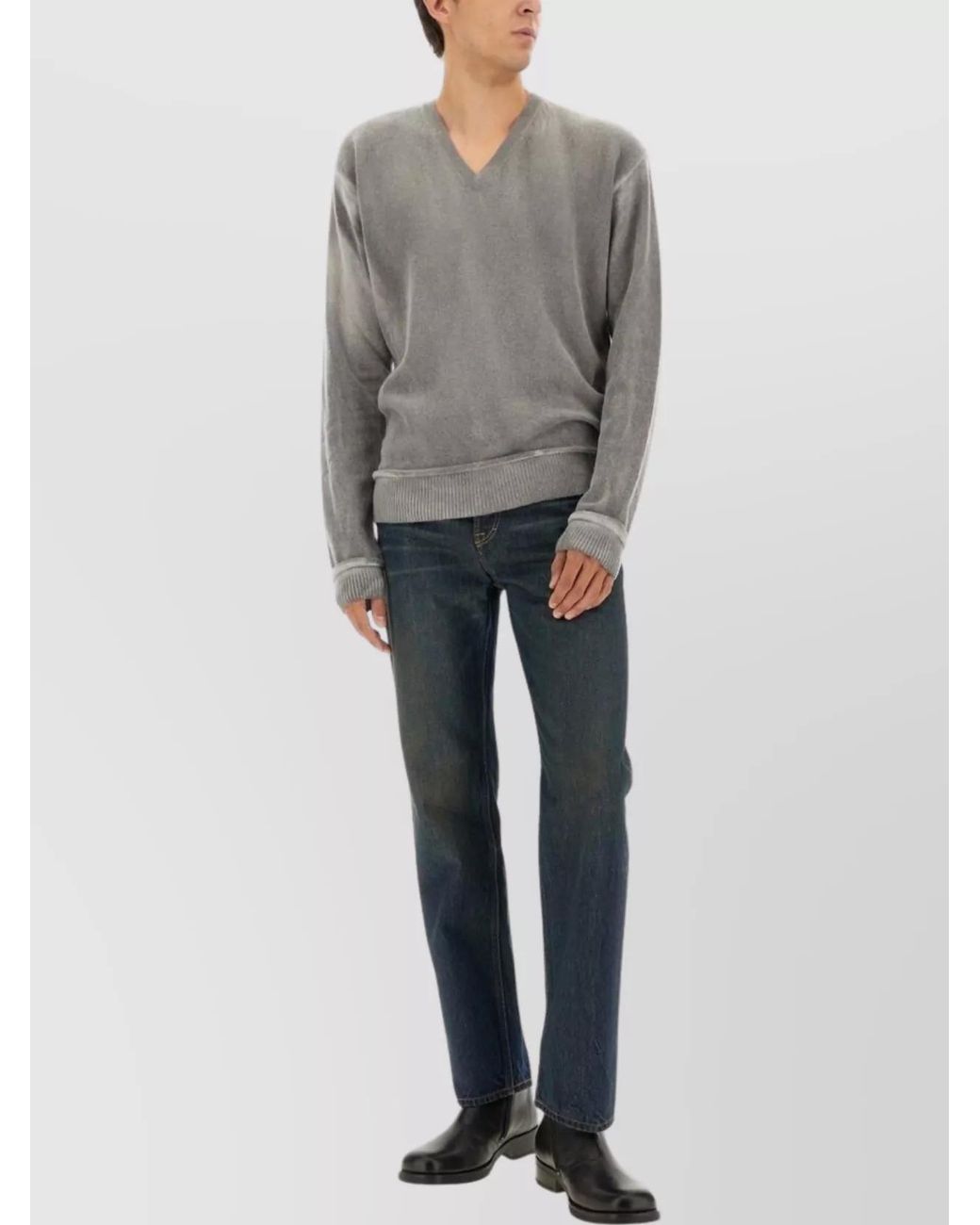 Our Legacy Gray Merino Wool Ribbed V-Neck Mesh Sweater for men