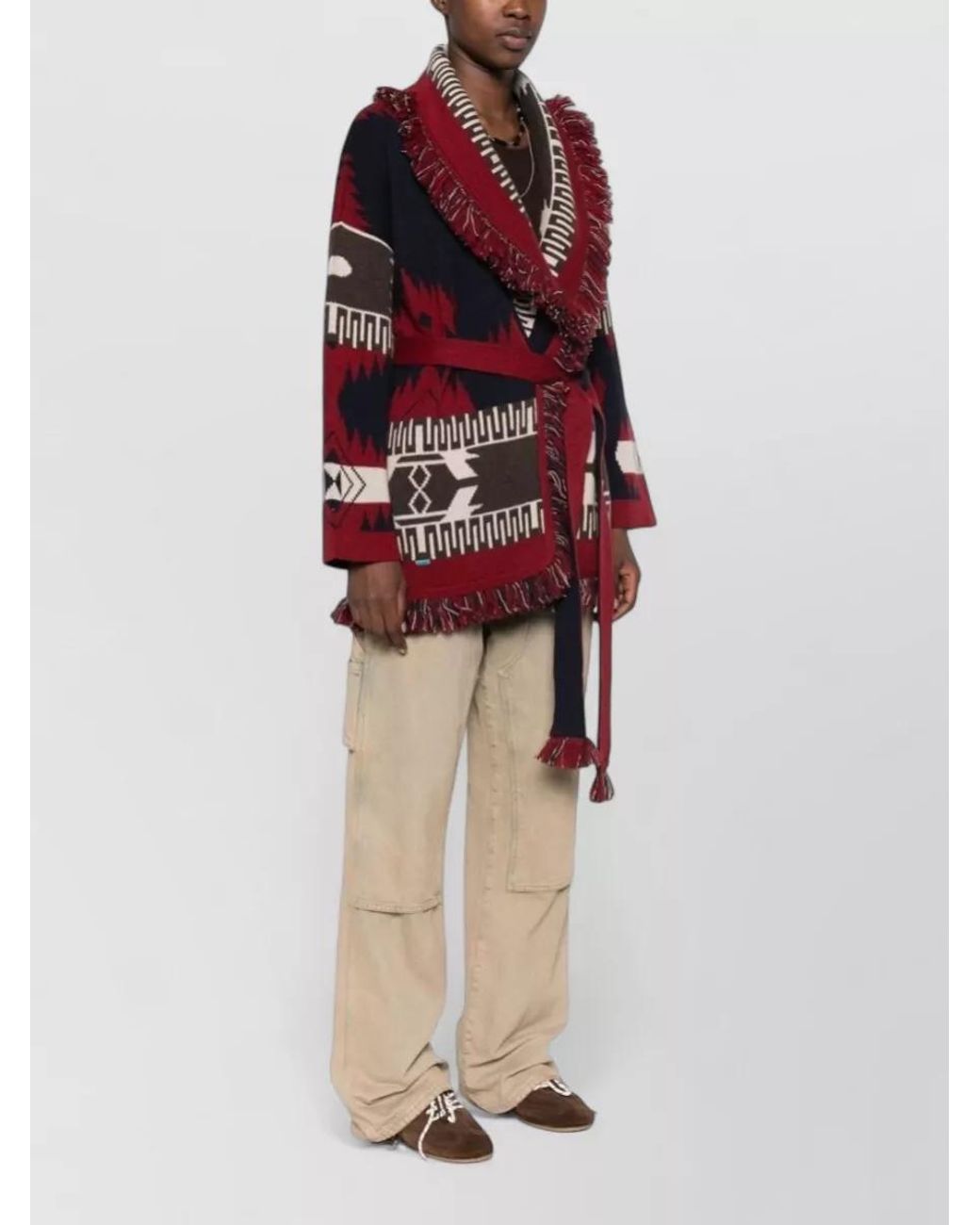 Alanui Red Cashmere Jacquard Fringe Belted Cardigan