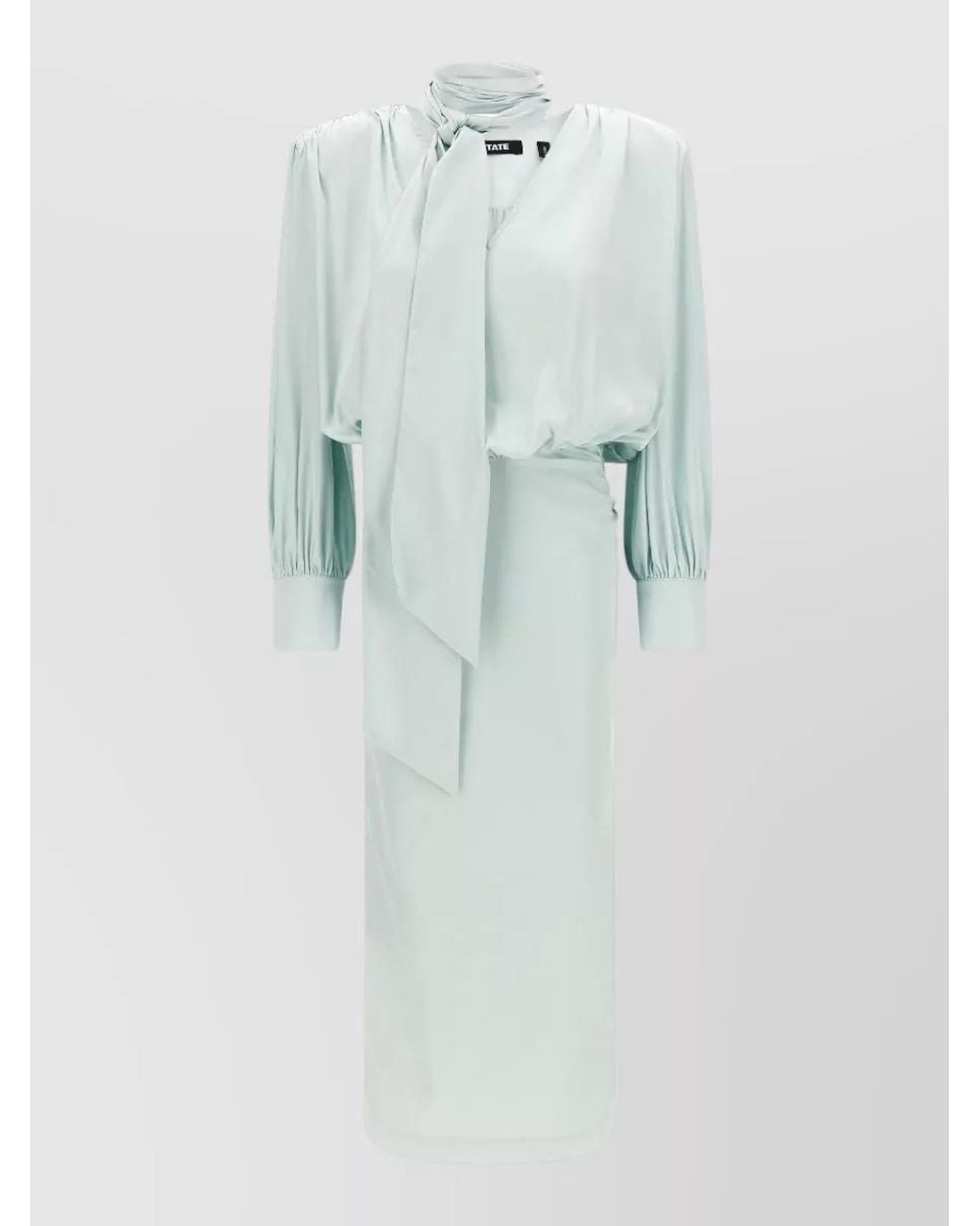 ROTATE BIRGER CHRISTENSEN Blue Ruched Satin V-Neck Long-Sleeve Midi Dress
