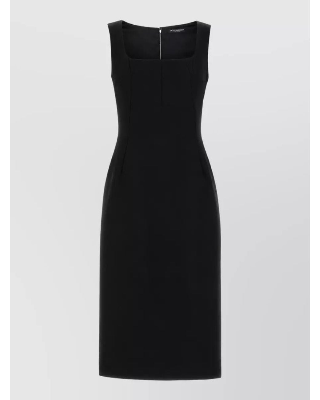 Dolce & Gabbana Black Virgin Wool Sleeveless Square Neck Midi Dress