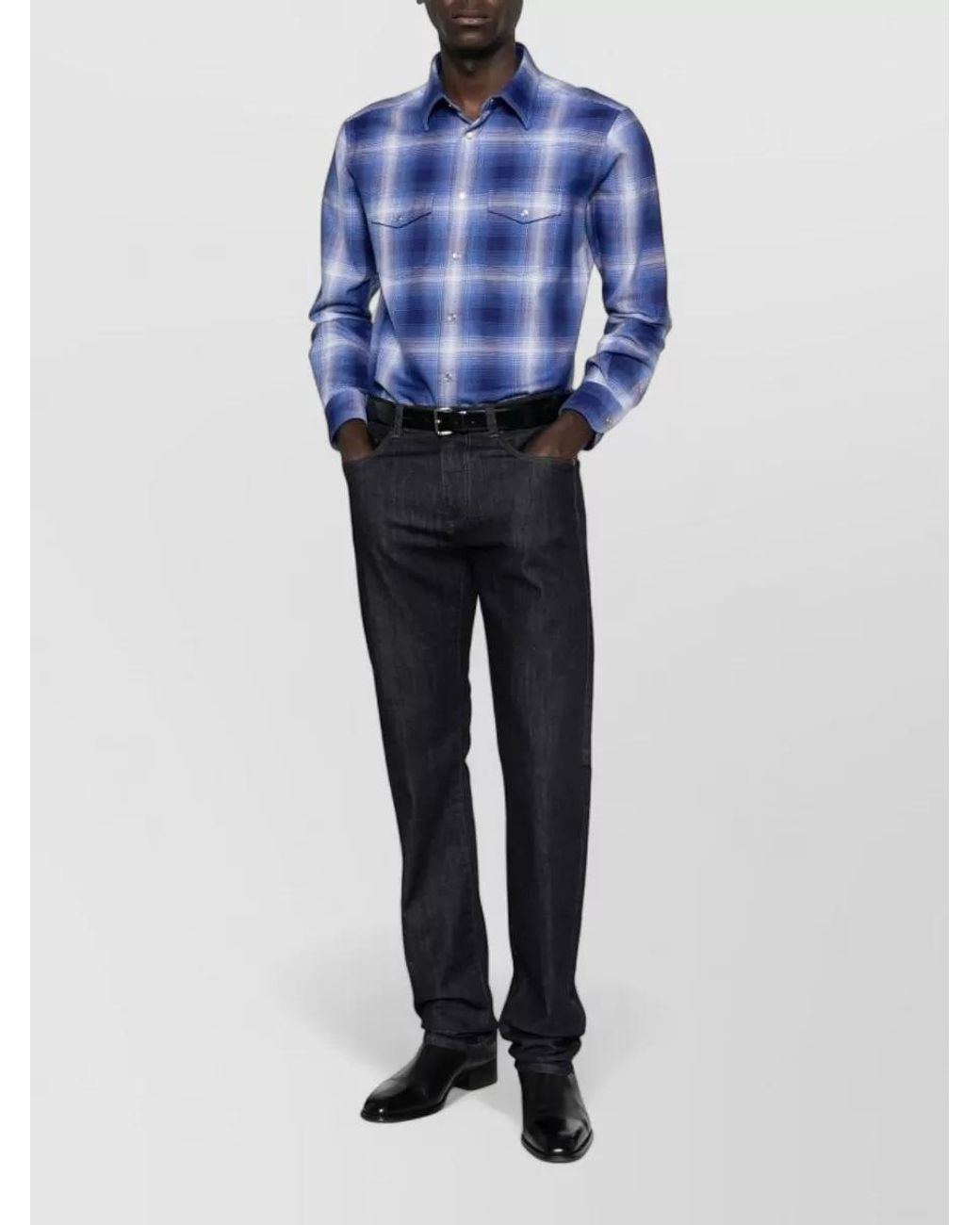 Tom Ford Blue Cotton Checked Slim-Fit Western Shirt for men