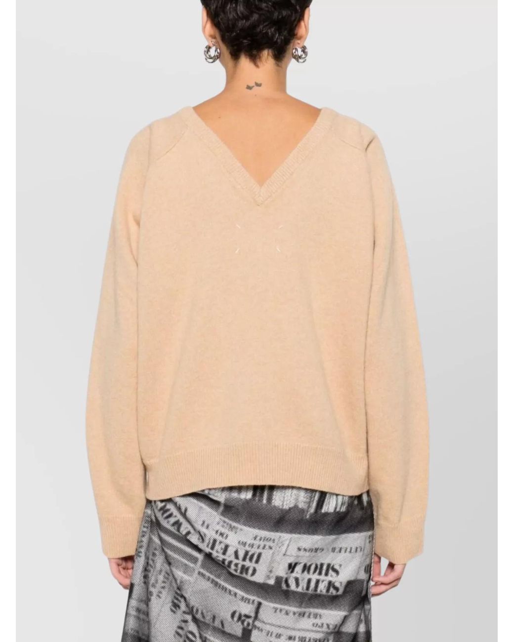 Maison Margiela Natural Wool Fine-Knit V-Back Crew-Neck Jumper