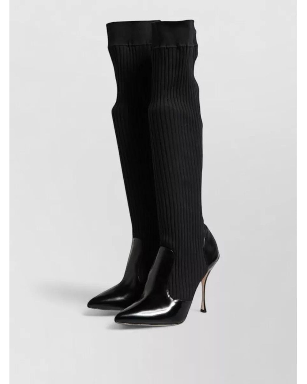 Dolce & Gabbana Black Leather Ribbed Knit Knee Boots