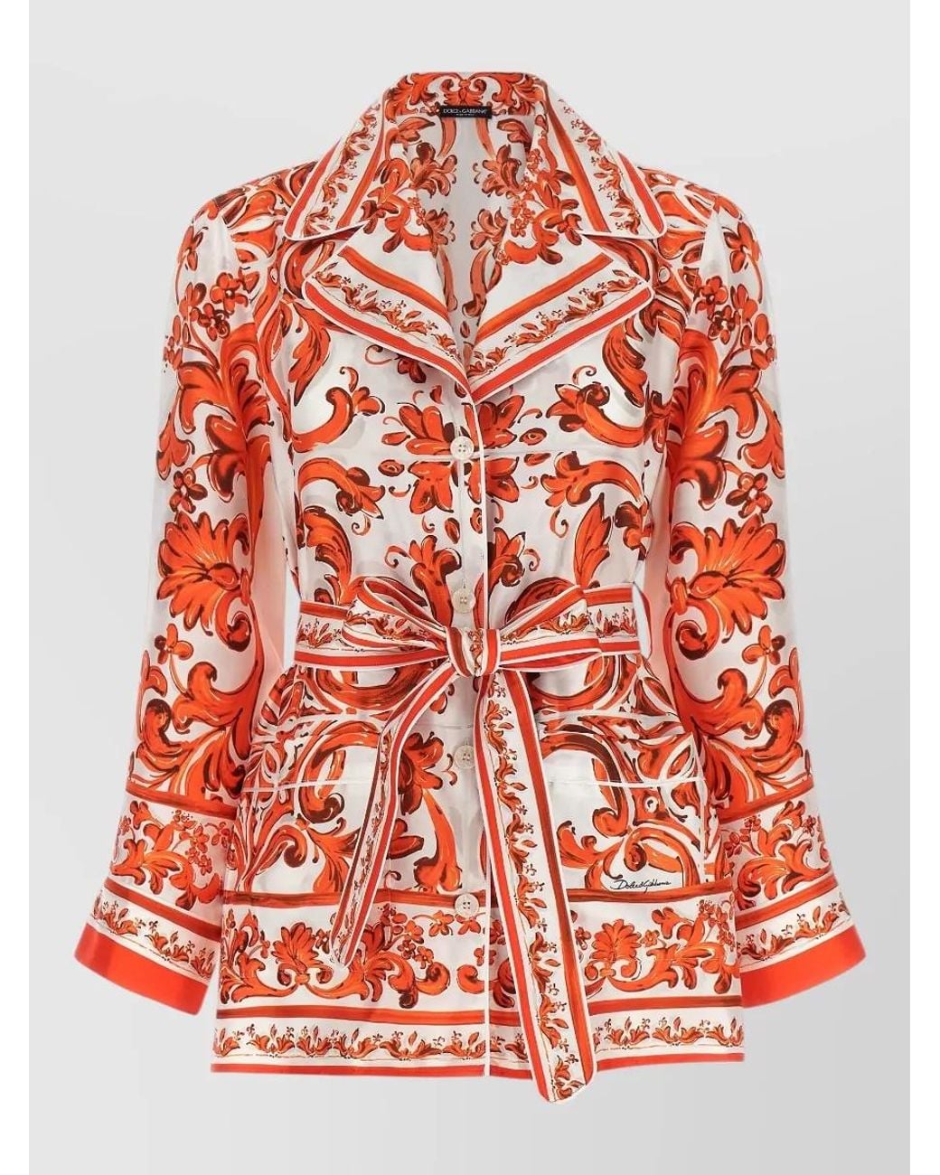Dolce & Gabbana Red Silk Printed Belted Shirt