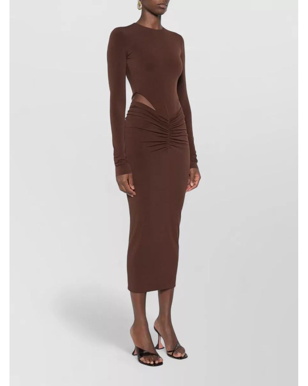 ANDAMANE Purple Ruched Cutout Long-Sleeve Midi Dress
