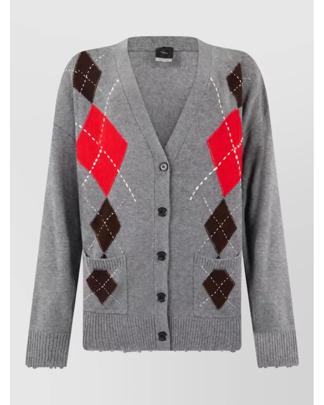 Pinko Gray Cashmere Wool Diamond V-Neck Long-Sleeve Cardigan
