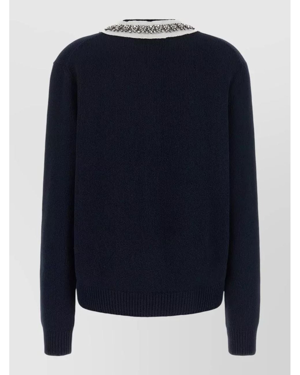 Prada Blue Cashmere Blend Crystal Embellished Collar Cardigan