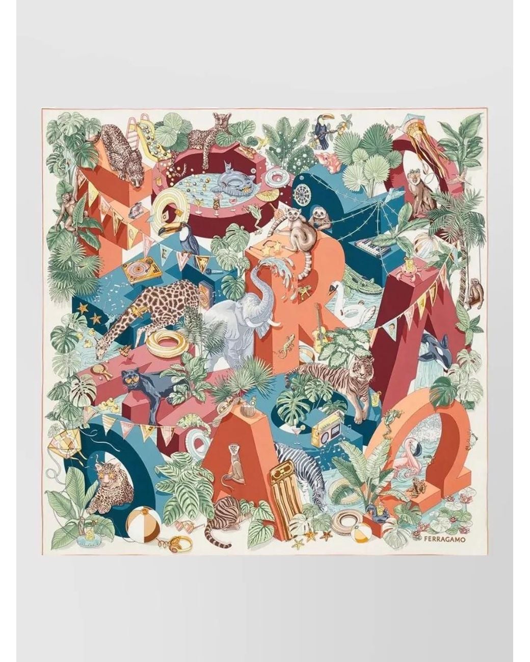 Ferragamo Gray Silk Jungle Party Print Scarf