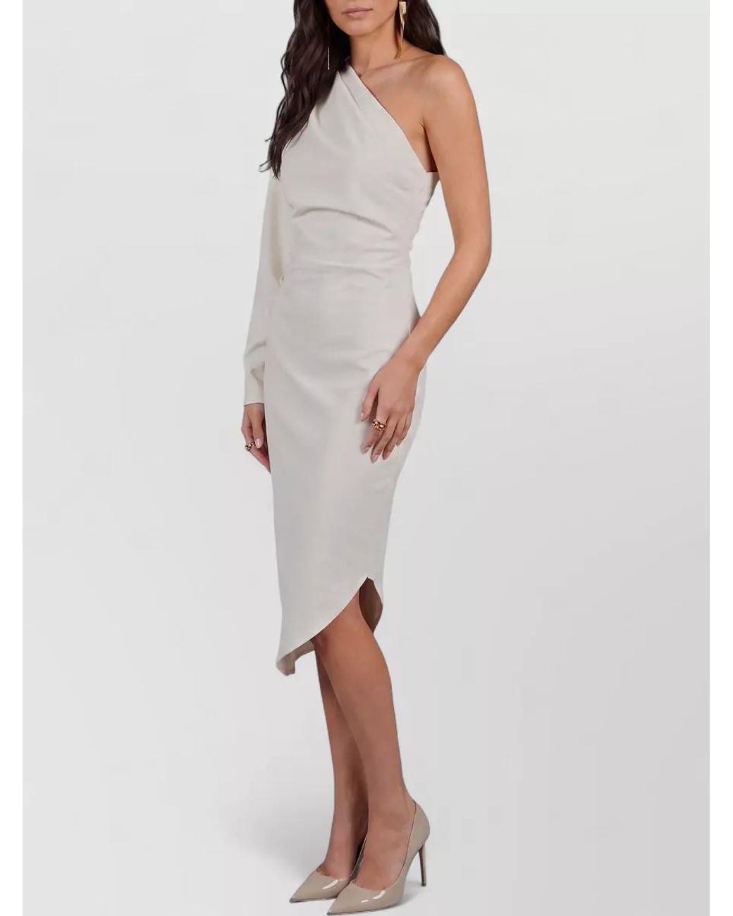 FEDERICA TOSI White One-Shoulder Long-Sleeve Asymmetric Draped Midi Dress