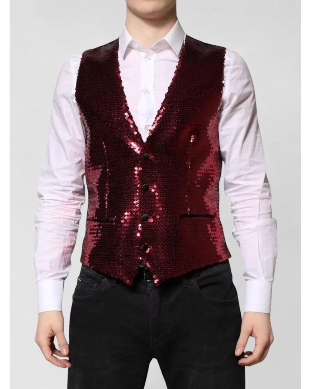 Dolce & Gabbana Red Sequined V-Neck Waistcoat for men