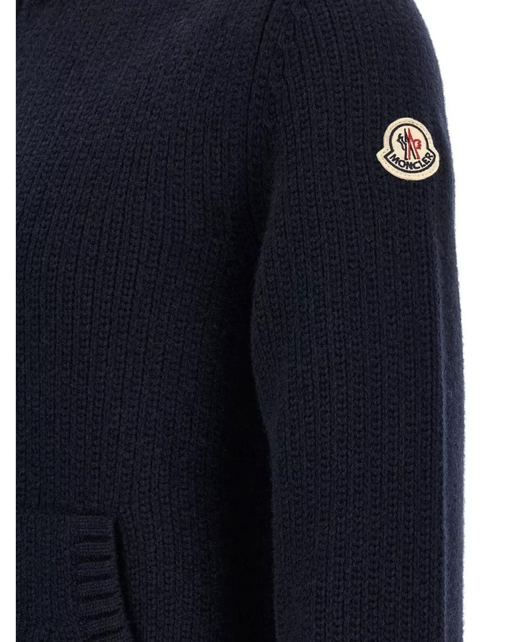 Moncler Blue Wool Cashmere Ribbed High Neck Cardigan for men