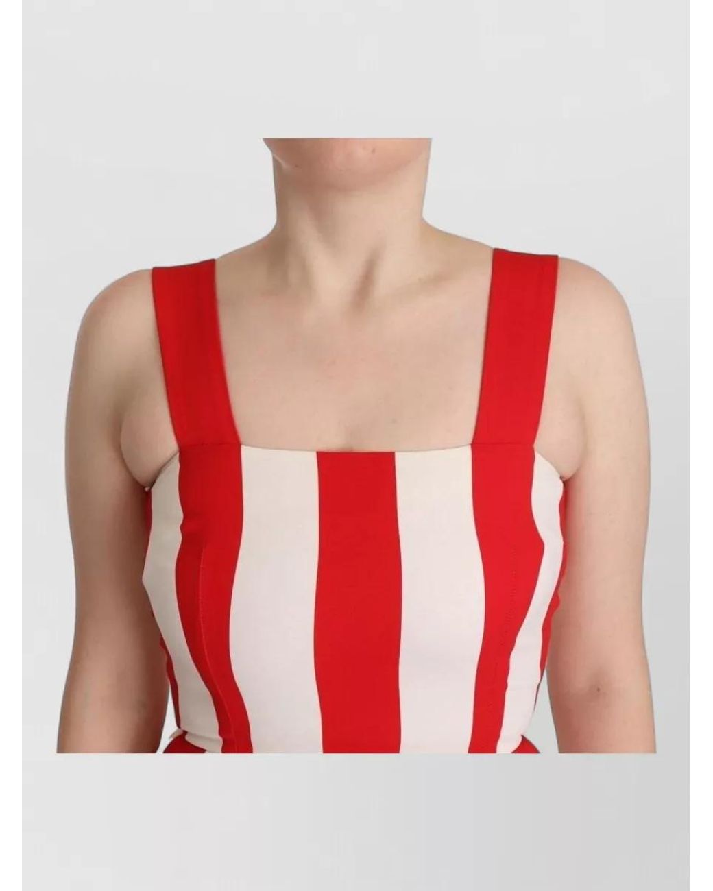 Dolce & Gabbana Red Striped Sleeveless Square Neck Midi Dress