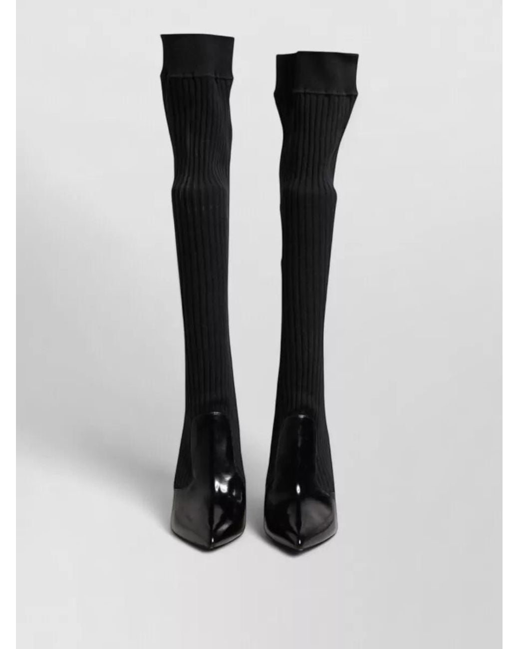 Dolce & Gabbana Black Leather Ribbed Knit Knee Boots