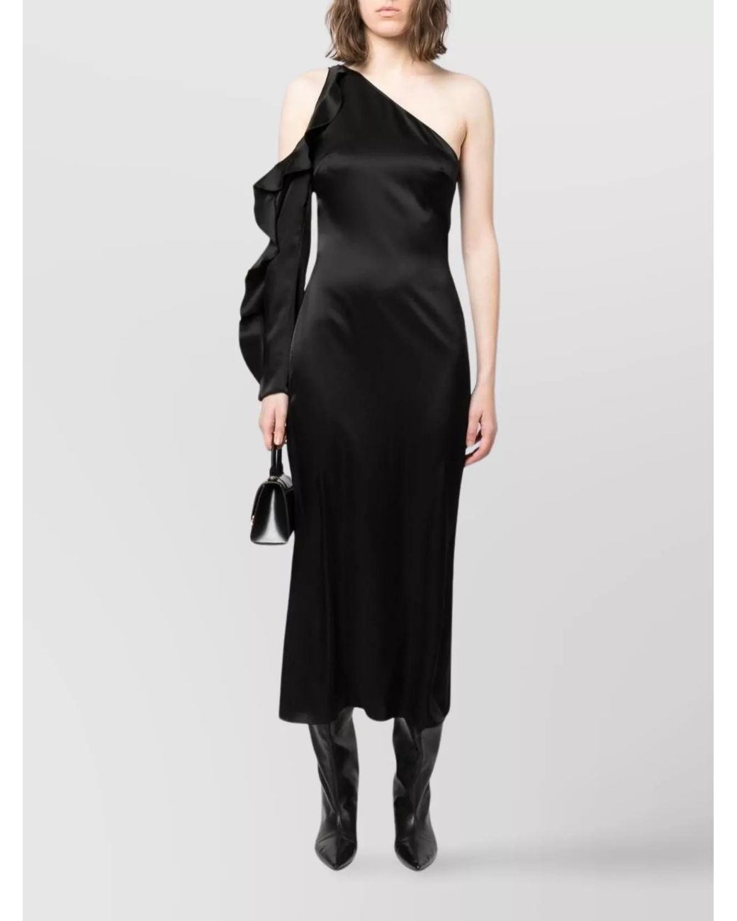 David Koma Black Asymmetric Ruffled One-Shoulder Long-Sleeve Midi Dress