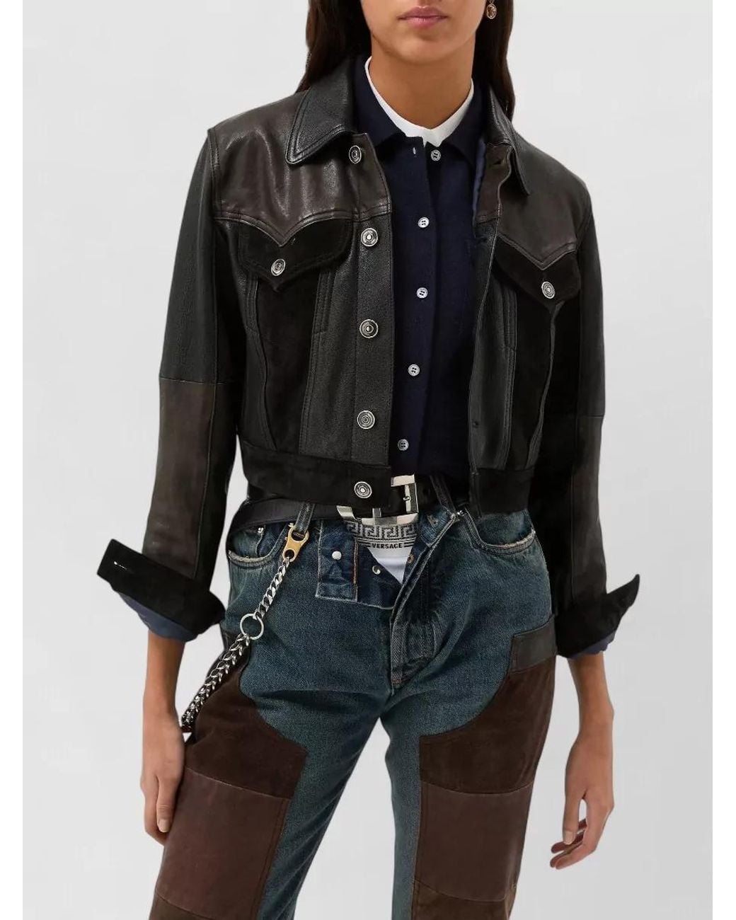 Versace Black Paneled Slim-Fit Leather Jacket