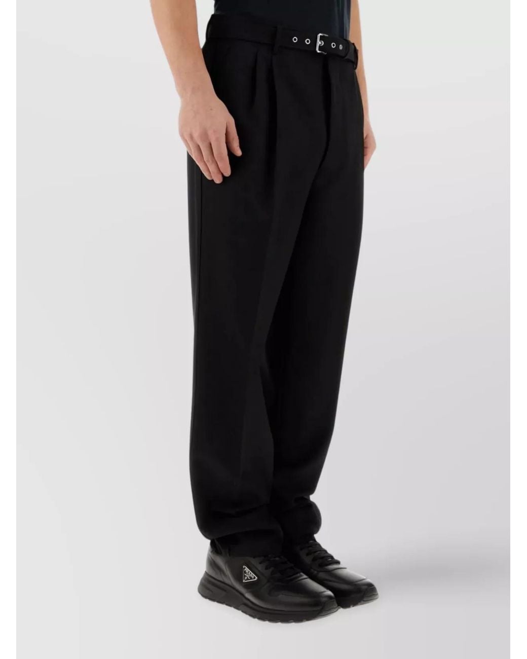 Prada Black Wool High-Rise Pleated Straight-Leg Trousers for men