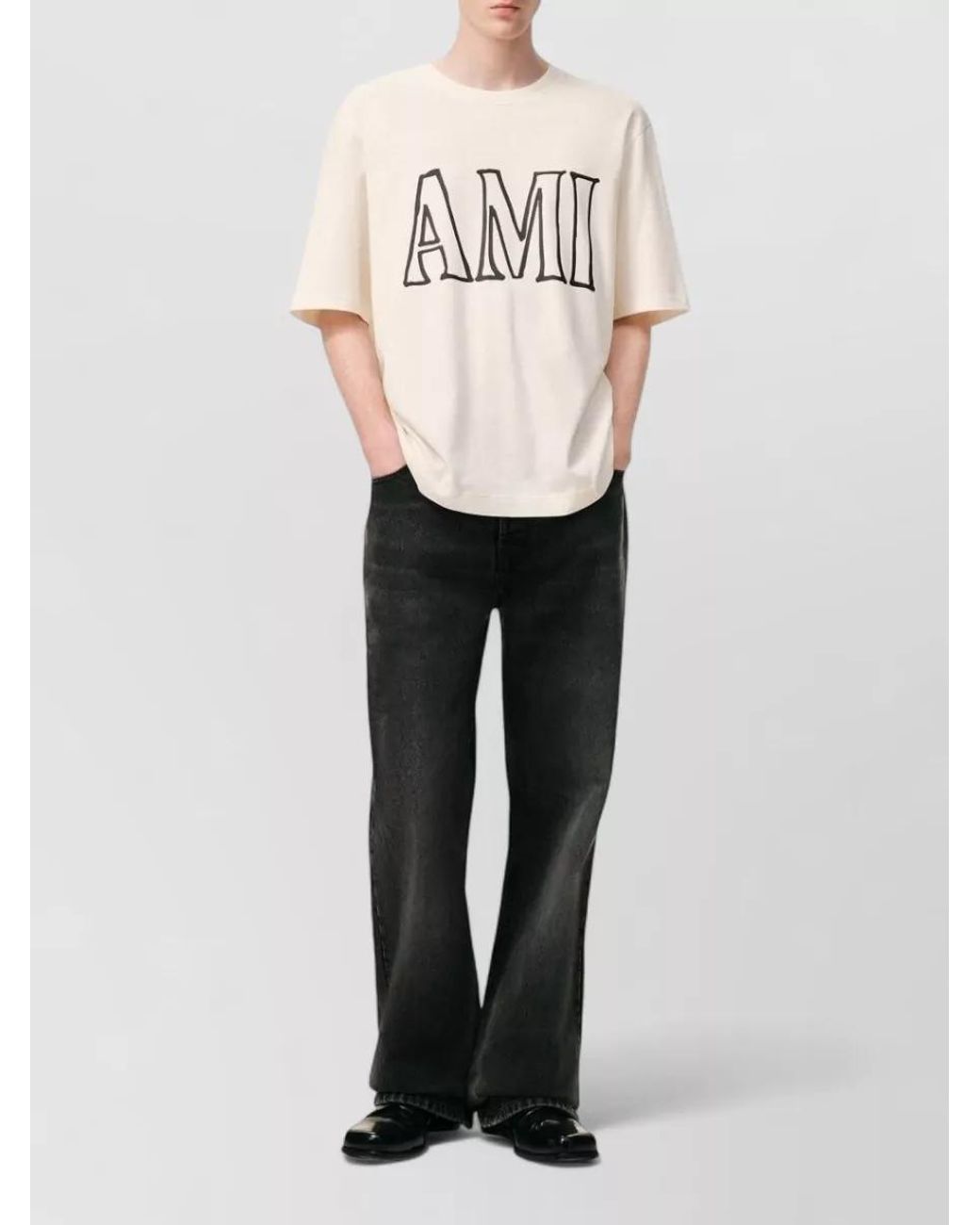 AMI Natural Relaxed Fit Cream Graphic T-Shirt With Bold Text for men