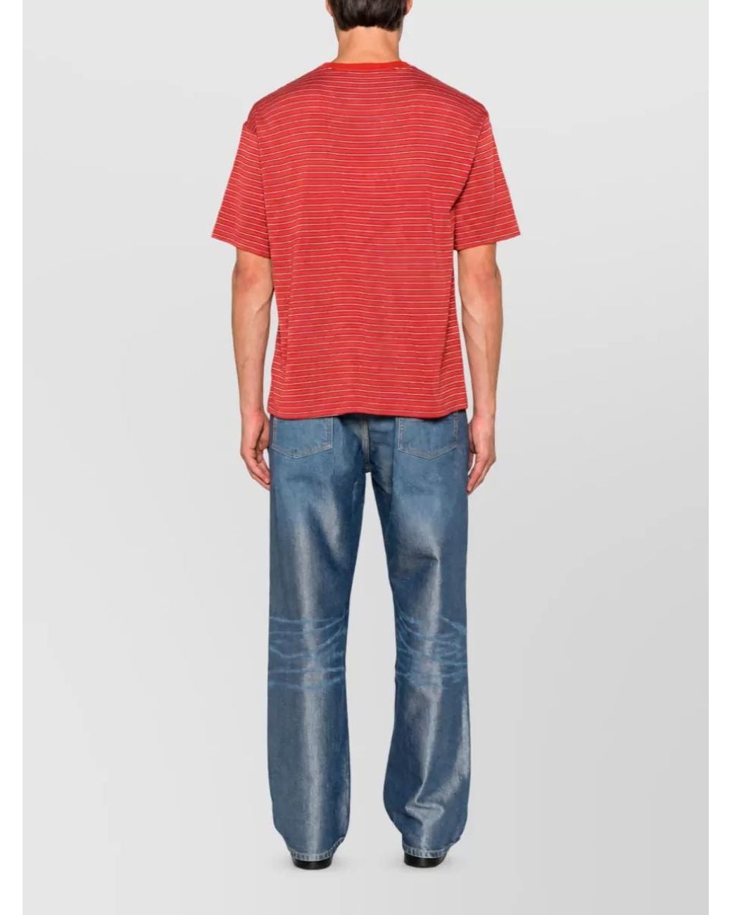 Auralee Red Wool Striped Crew Neck Short Sleeve T Shirt for men