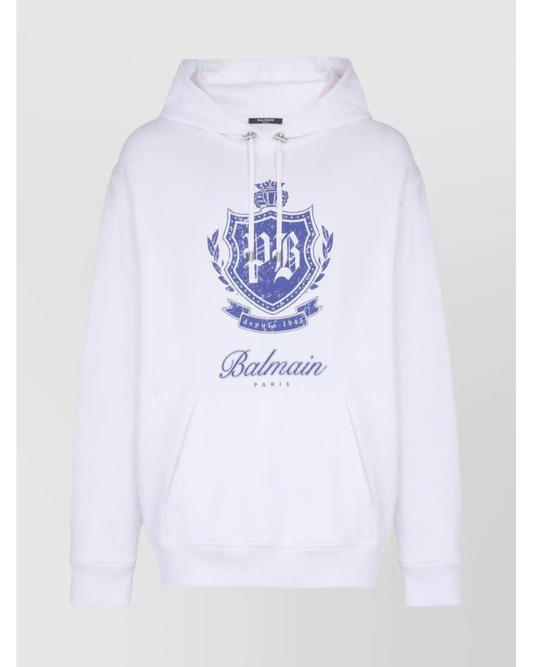 Balmain White Cotton Emblem Print Hoodie for men