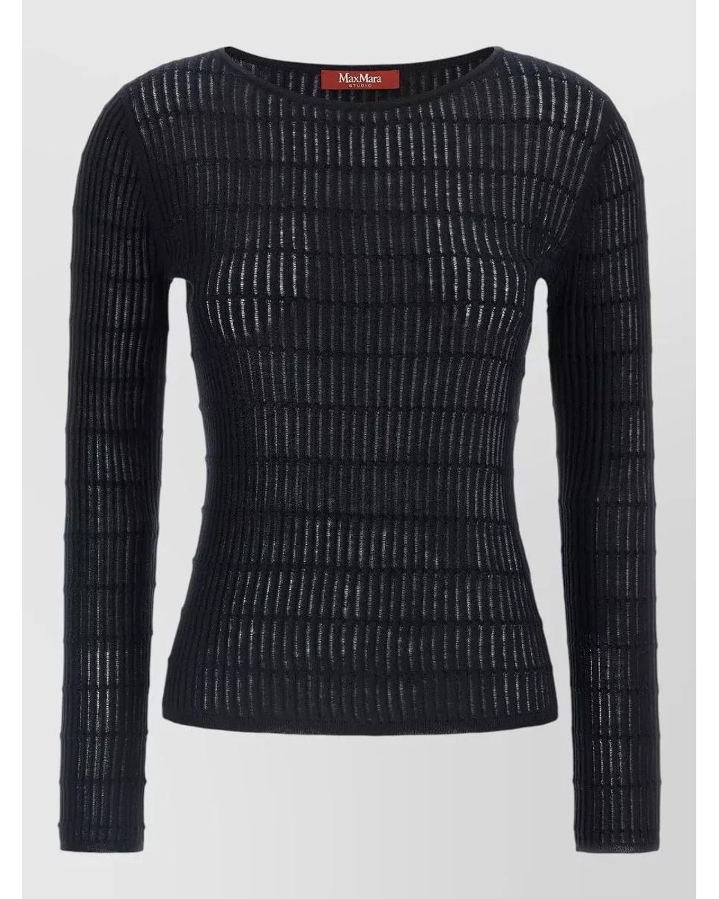 Max Mara Black Silk Wool Ribbed Boat Neck Long-Sleeve Sweater