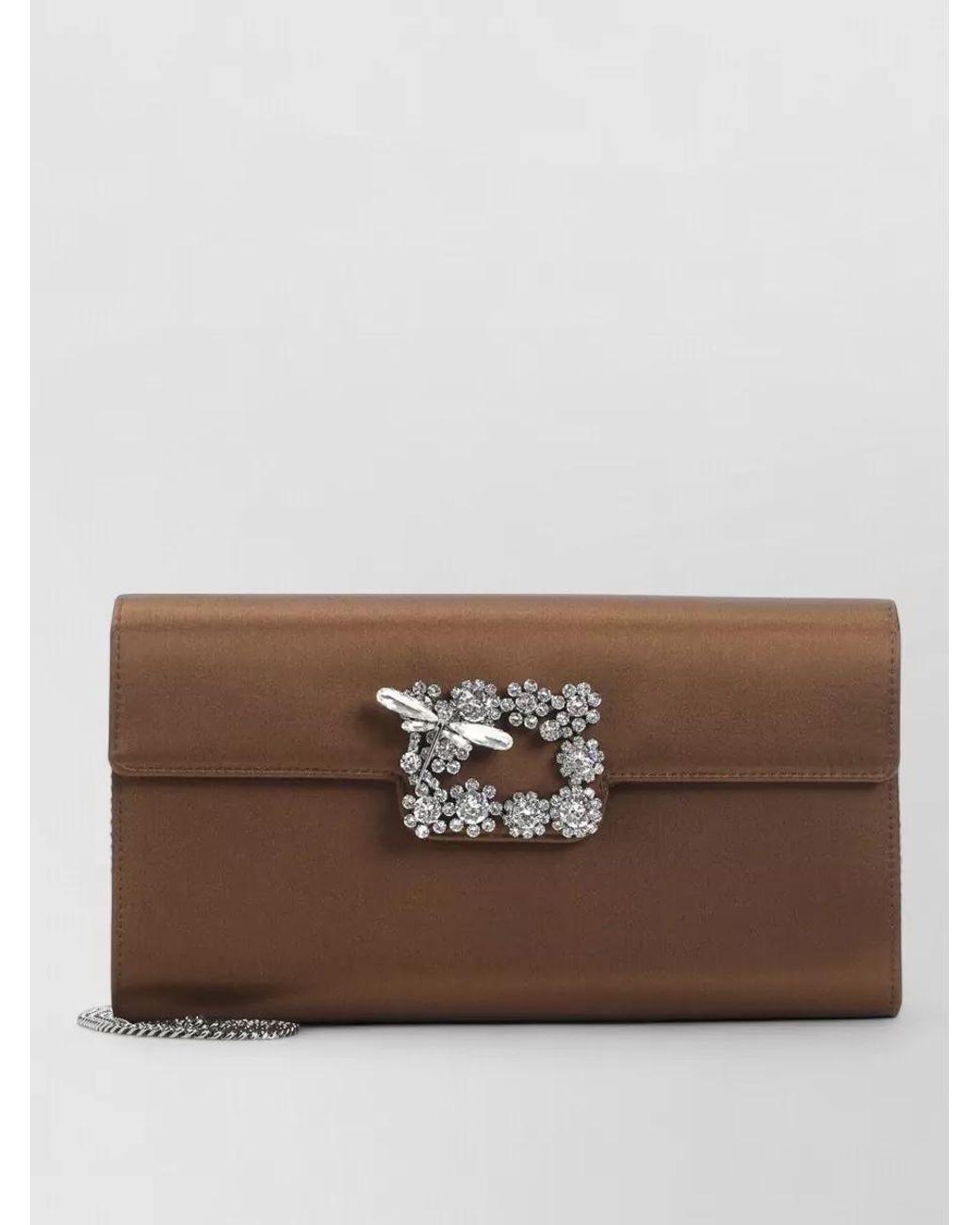 Roger Vivier Brown Satin Crystal-Embellished Envelope Clutch Bag