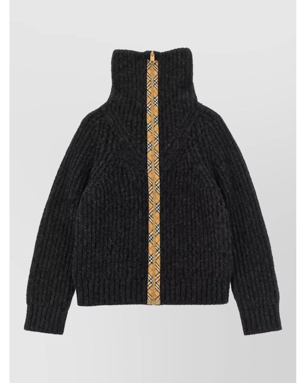 Burberry Black Alpaca Wool Ribbed High Neck Zip Cardigan