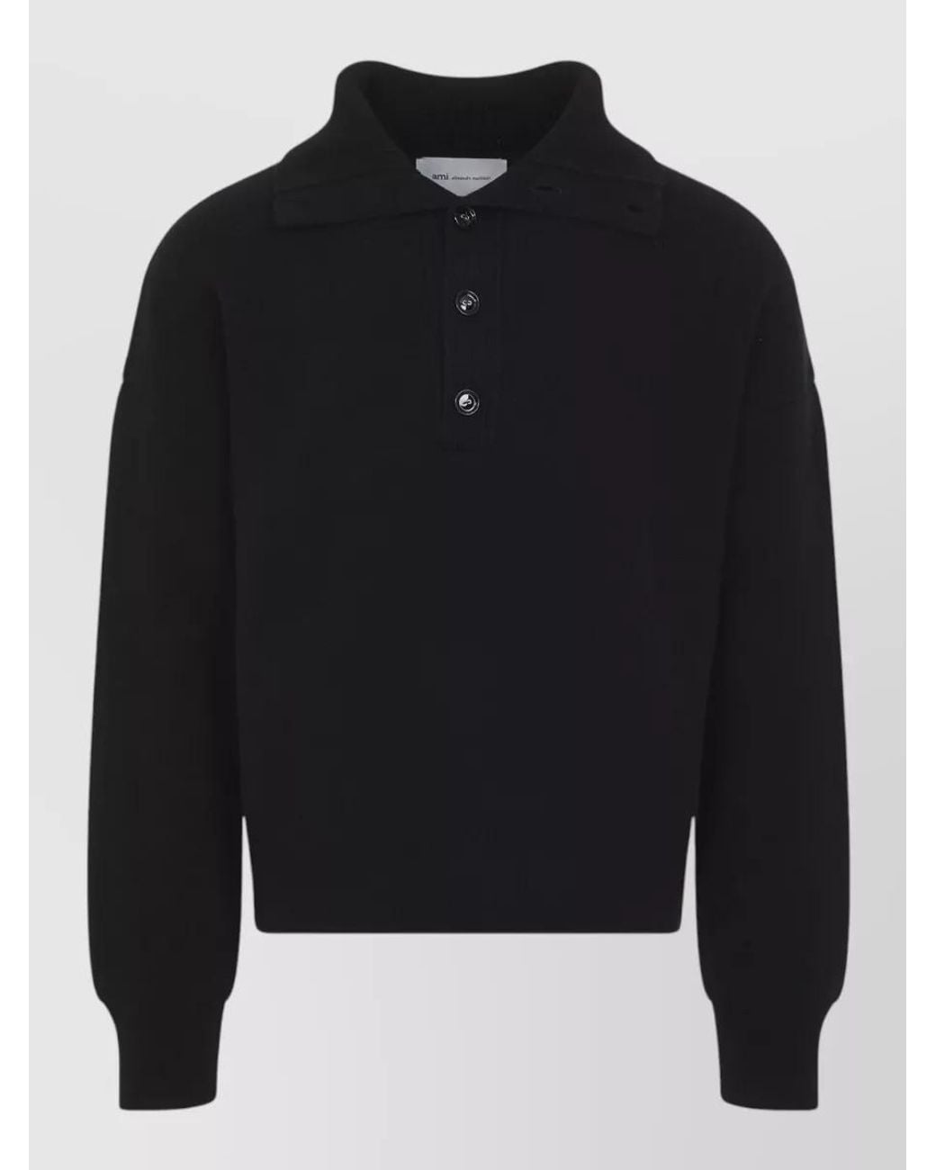 AMI Black Merino Wool High Neck Buttoned Sweater for men