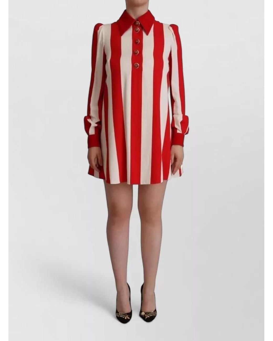 Dolce & Gabbana Red Striped Long-Sleeve Mini Shirt Dress