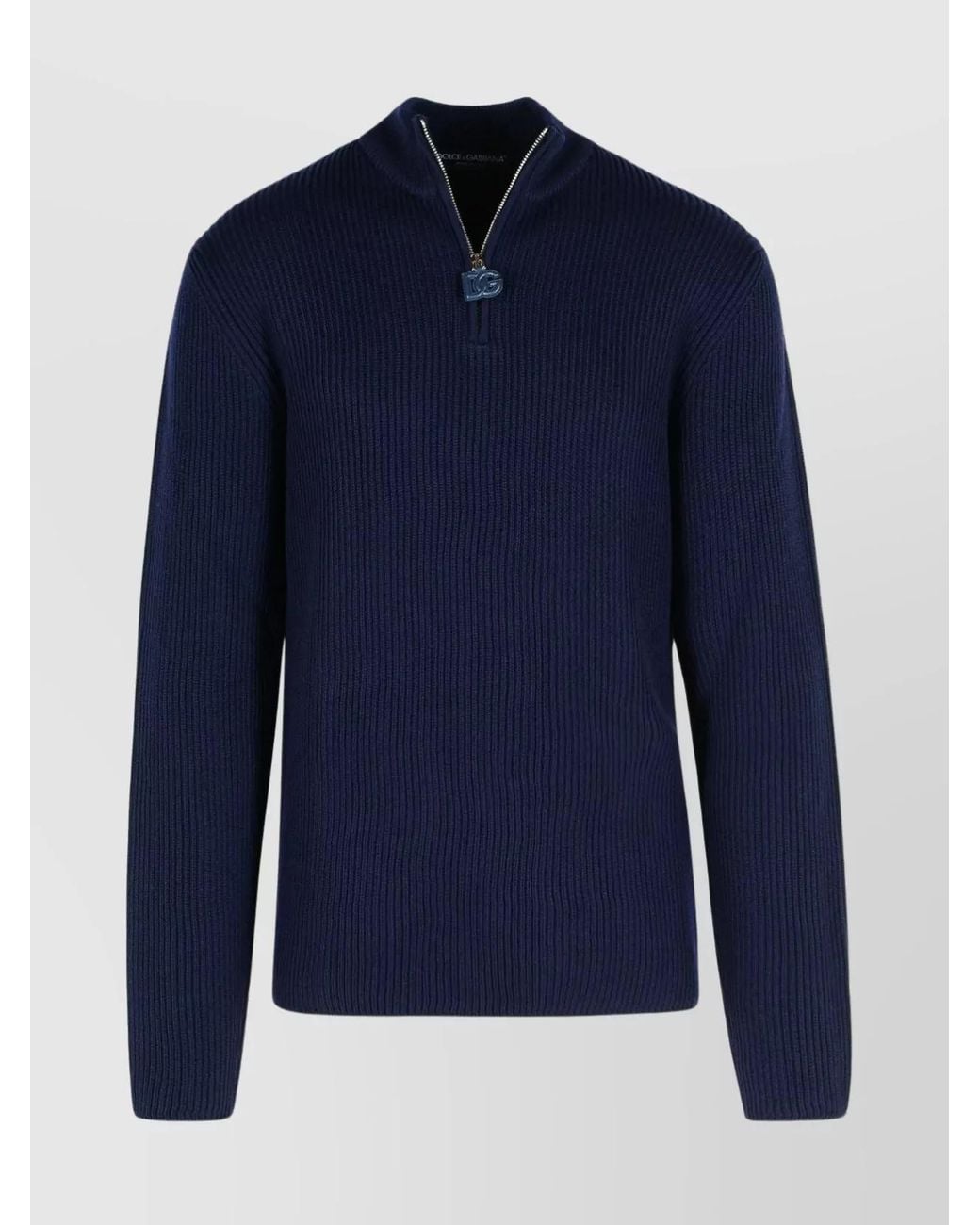 Dolce & Gabbana Blue Virgin Wool Ribbed Half-Zip Turtleneck Sweater for men