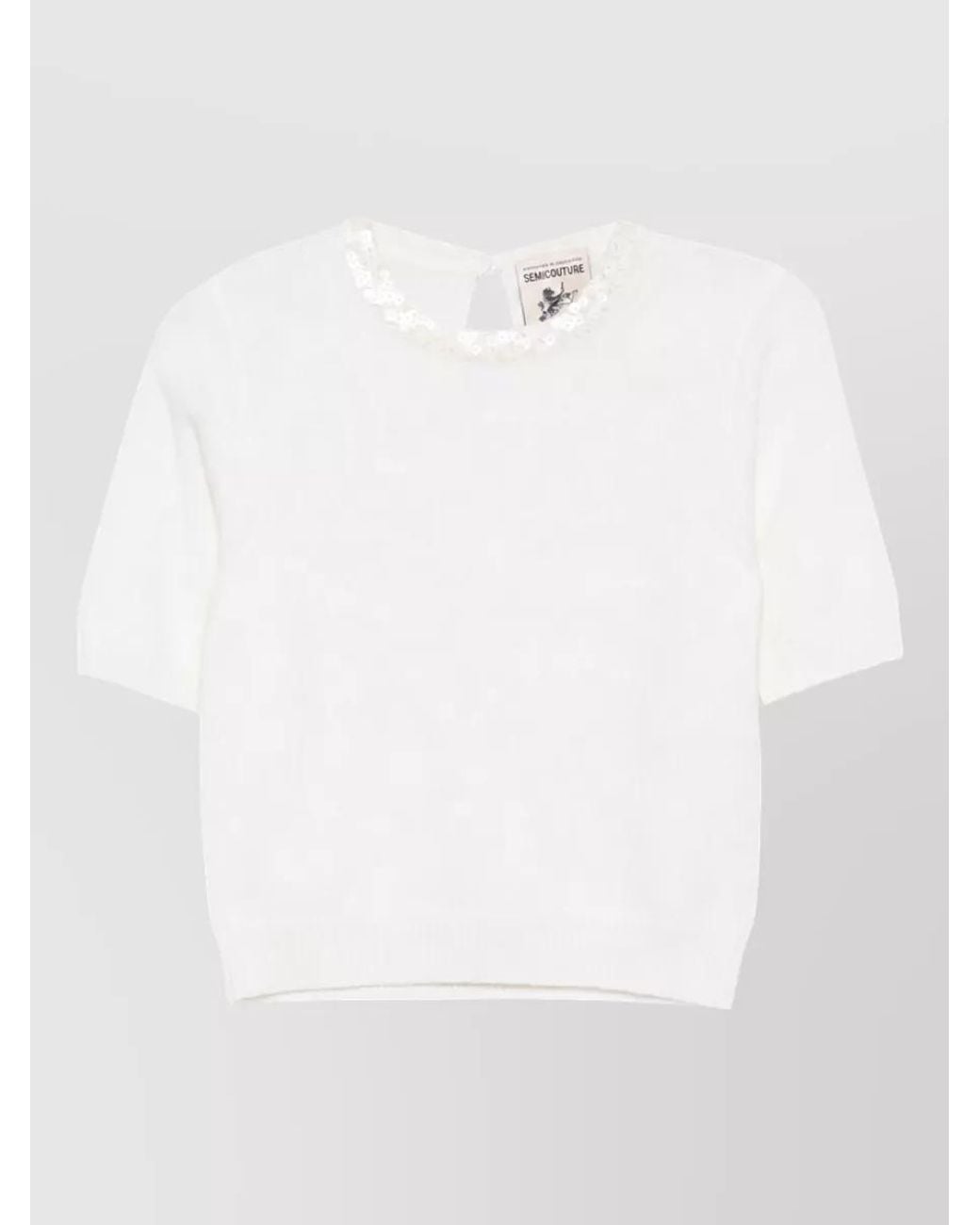 Semicouture White Wool Cashmere Sequin-Embellished Short-Sleeve Sweater