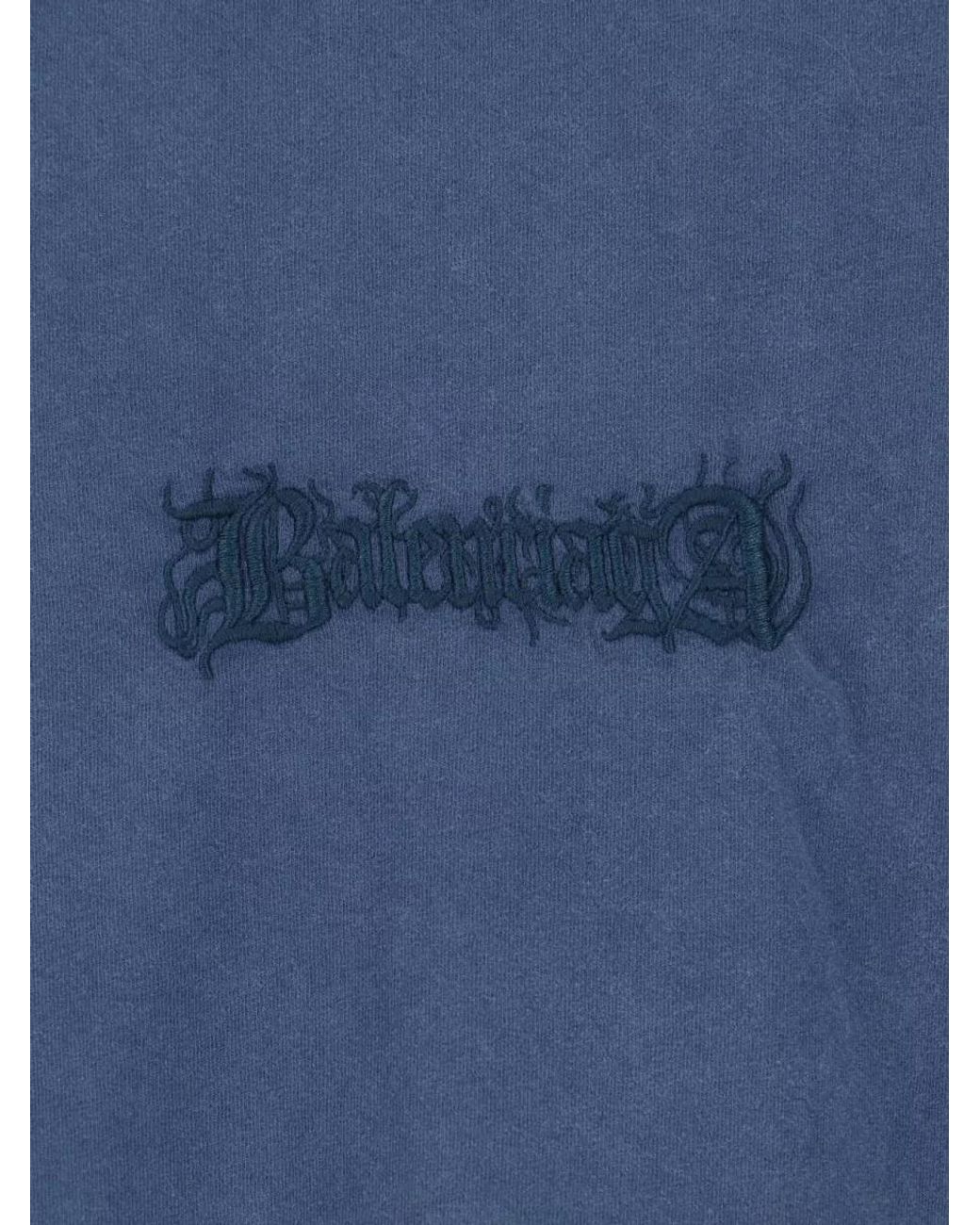 Balenciaga Blue Cotton Logo Embroidered T-Shirt for men