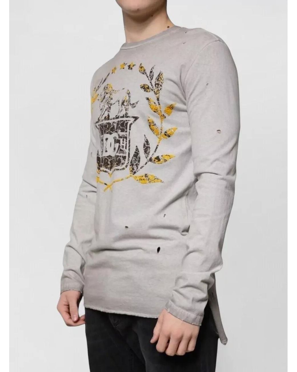 Dolce & Gabbana Gray Cotton Printed Crewneck Long-Sleeve T-Shirt for men