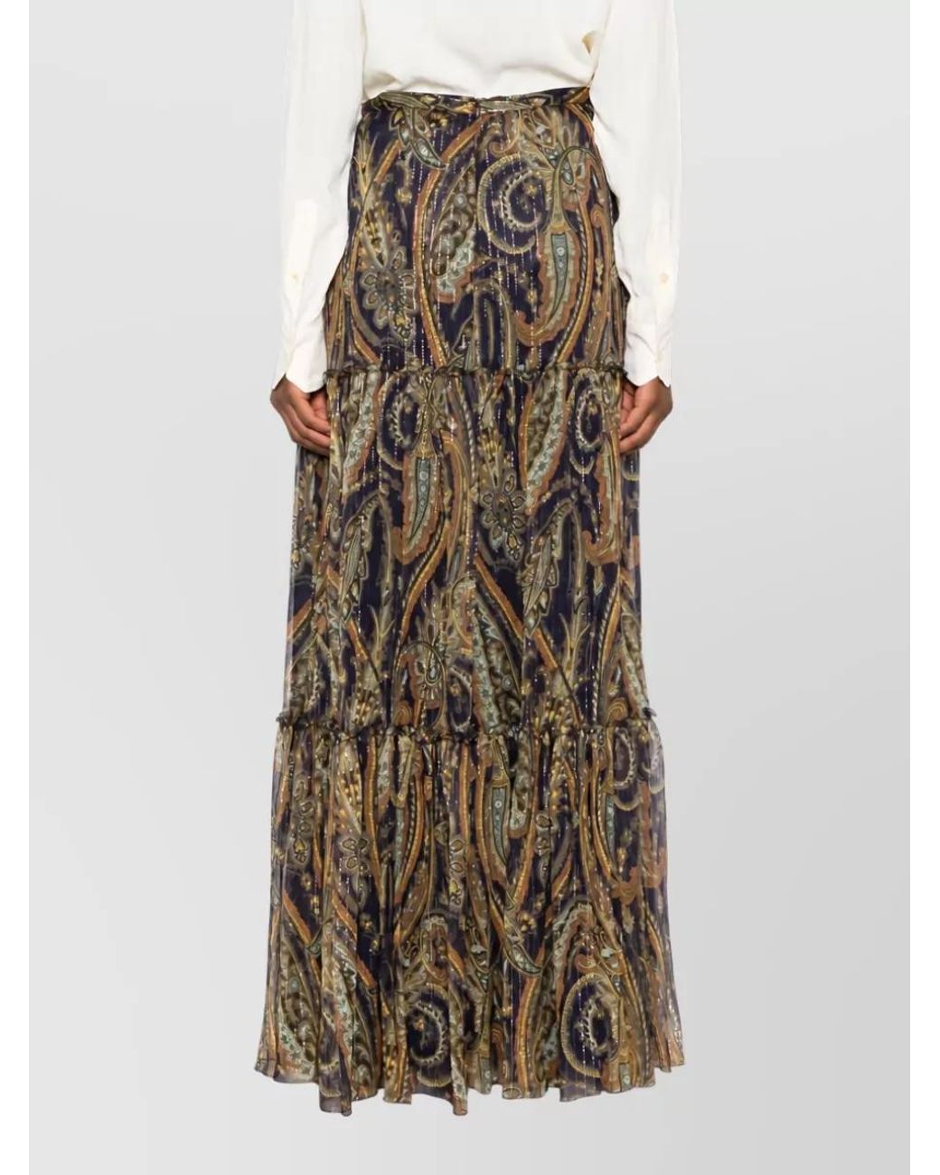 Etro Natural Silk Paisley-Print Metallic-Thread Tiered Gathered Maxi Skirt
