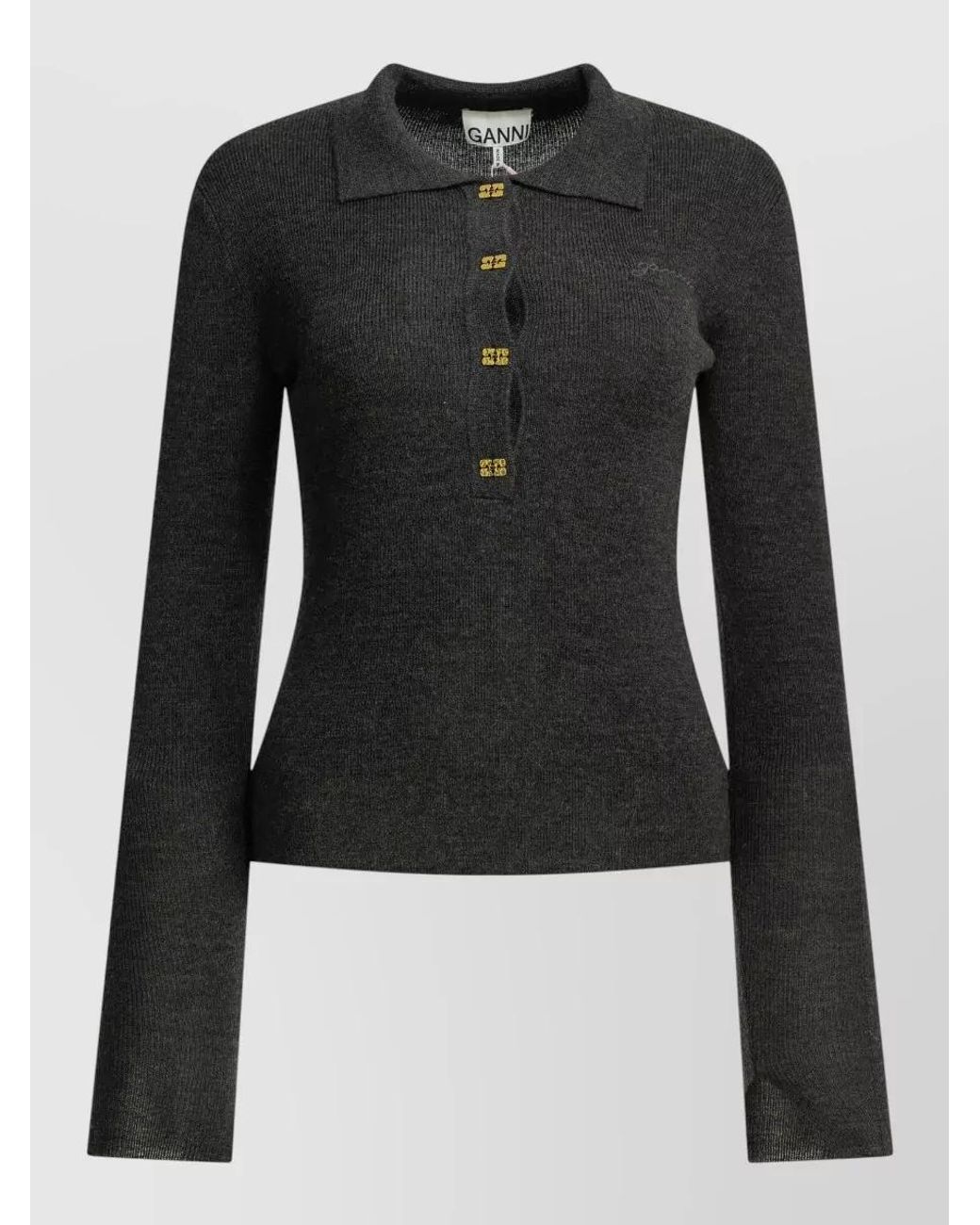 Ganni Black Wool Slim-Fit Polo Sweater