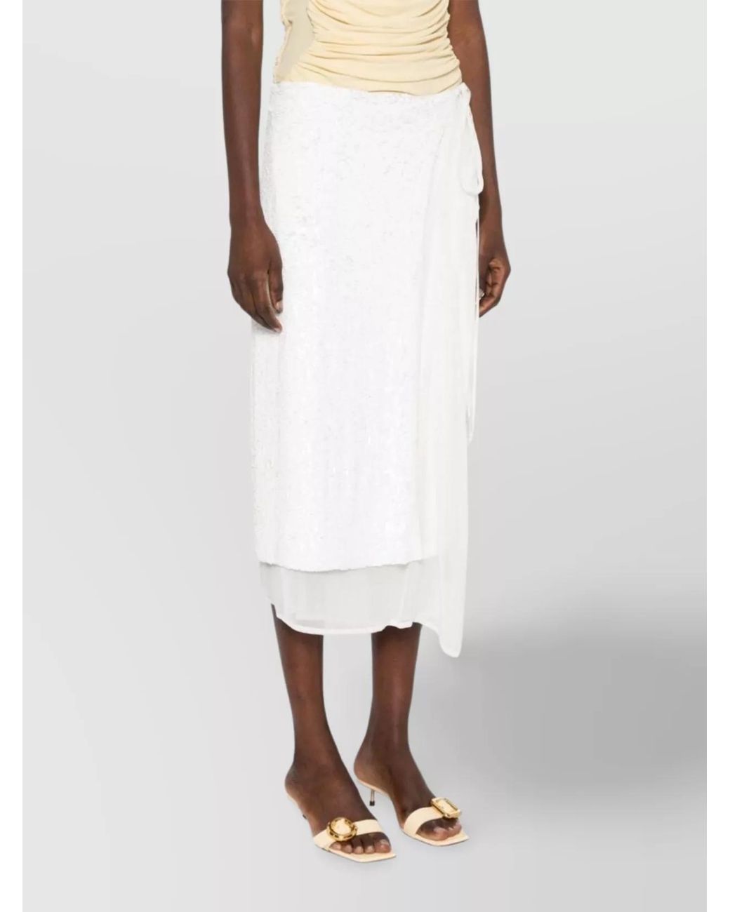 P.A.R.O.S.H. White Sequinned Wrap Layered Midi Skirt