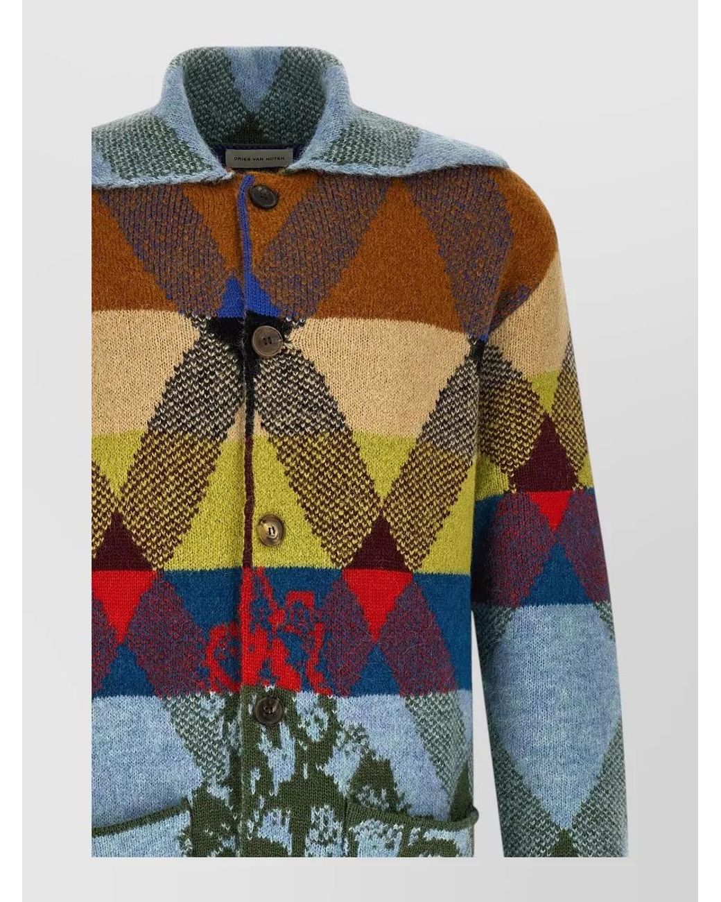 Dries Van Noten Blue Wool Alpaca Oversized Knee-Length Shawl-Collar Patterned Cardigan for men