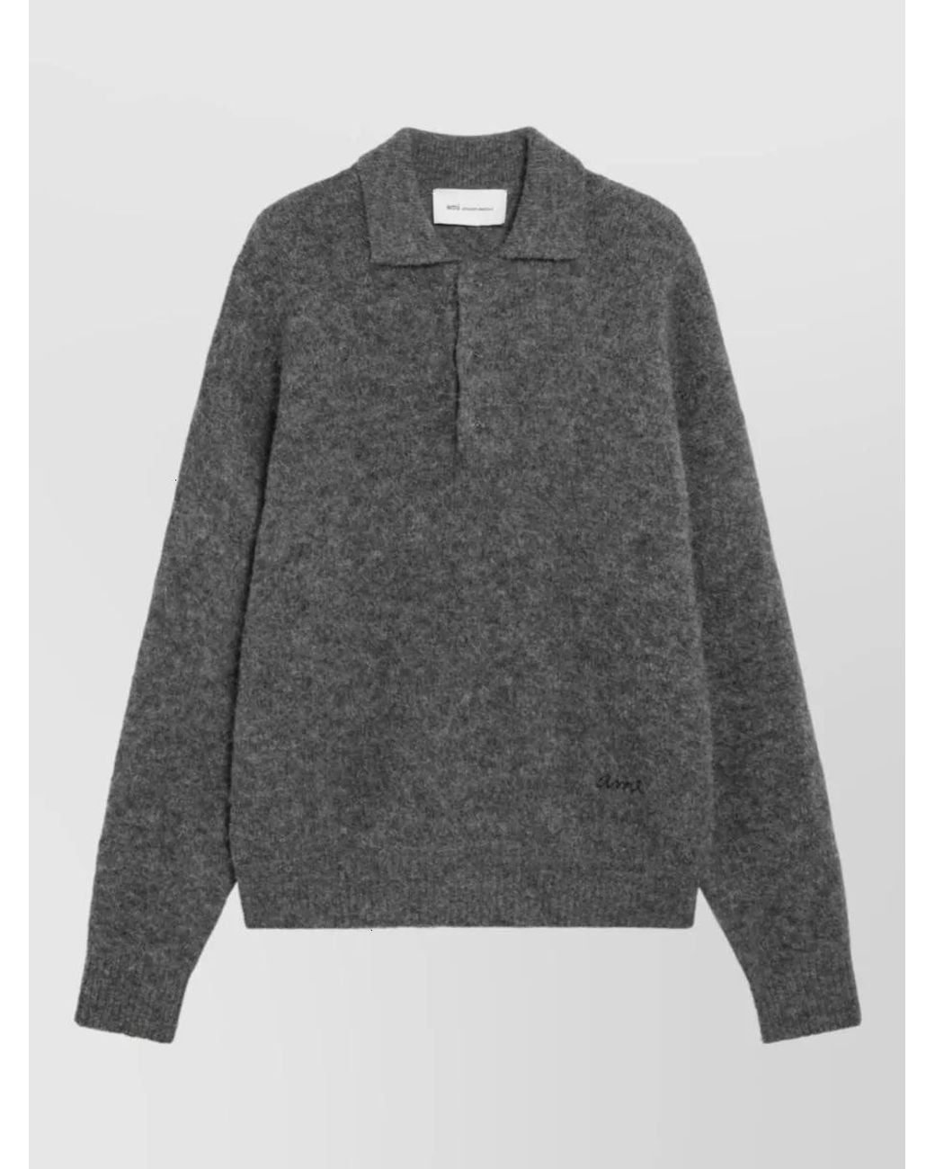 AMI Gray Alpaca-Blend Fine-Knit Long-Sleeve Polo Sweater for men