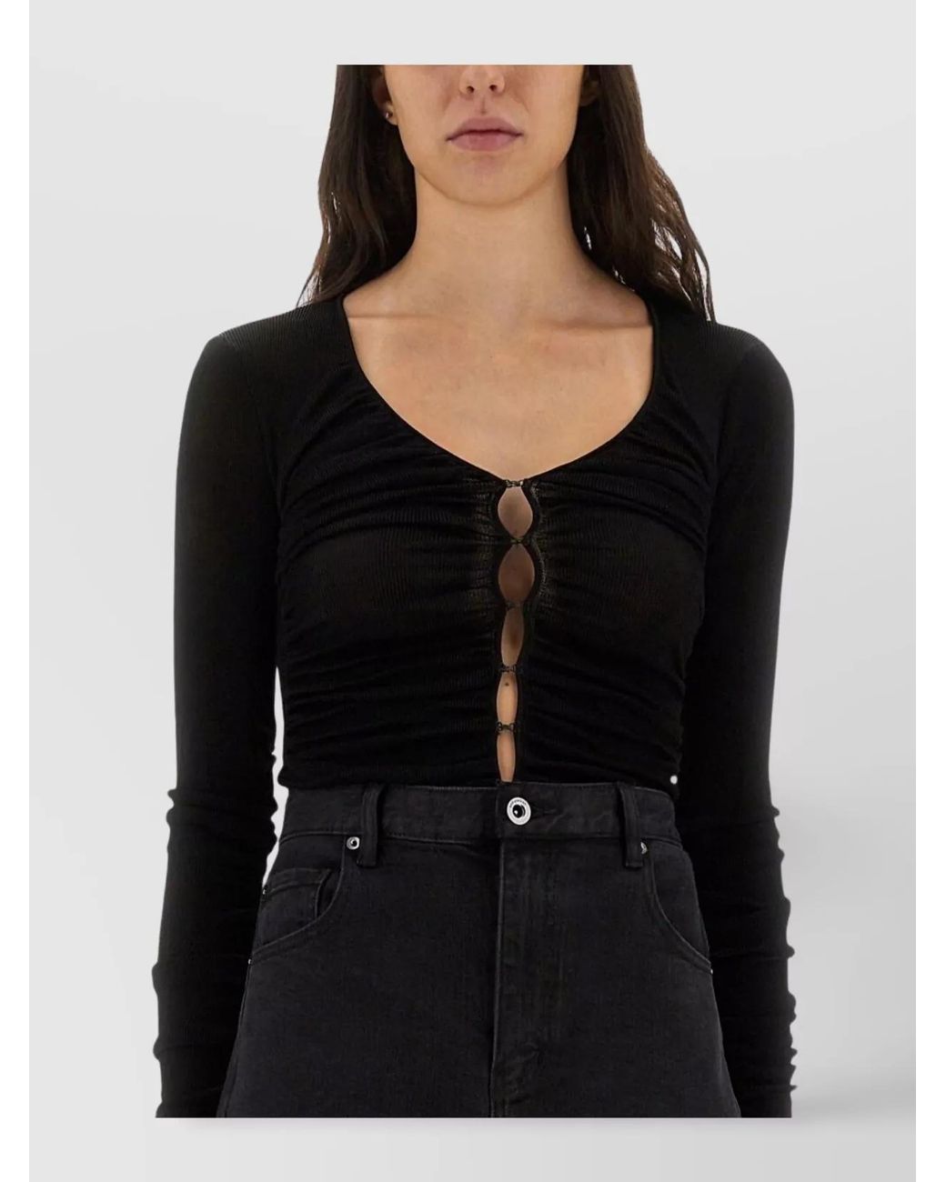 Self-Portrait Black Viscose Slim-Fit Draped V-Neck Knit Top