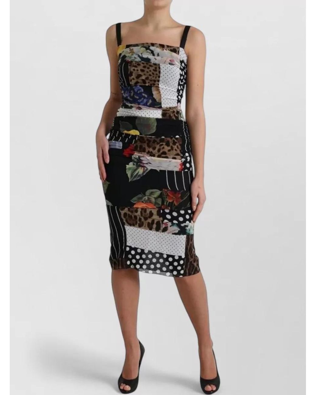 Dolce & Gabbana Black Silk Patchwork Floral Leopard Midi Dress